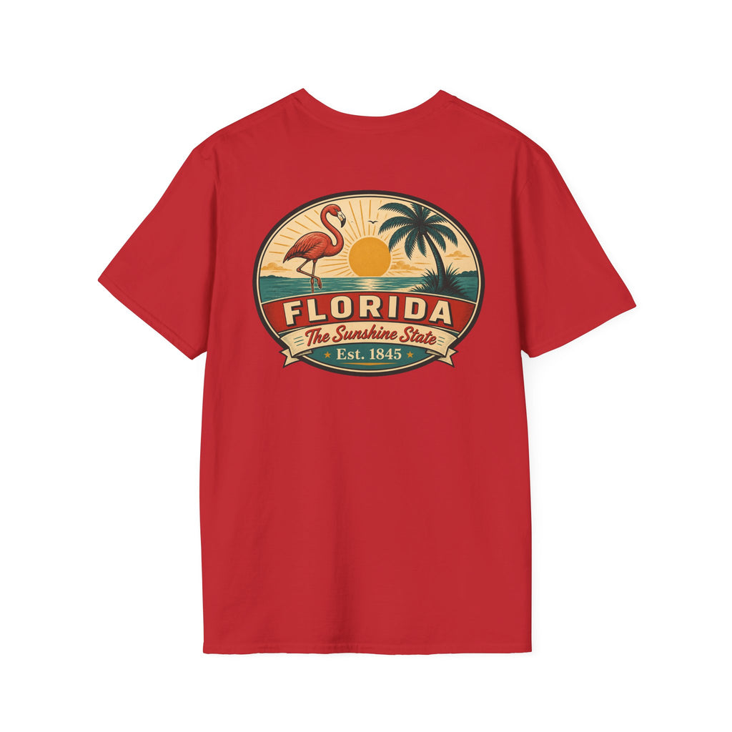 Red Florida graphic T-shirt with circular flamingo badge on the chest