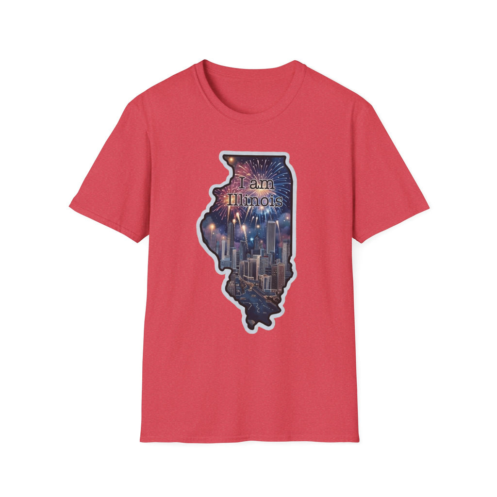Illinois Skyline state map T-shirt in red with colorful fireworks city graphic