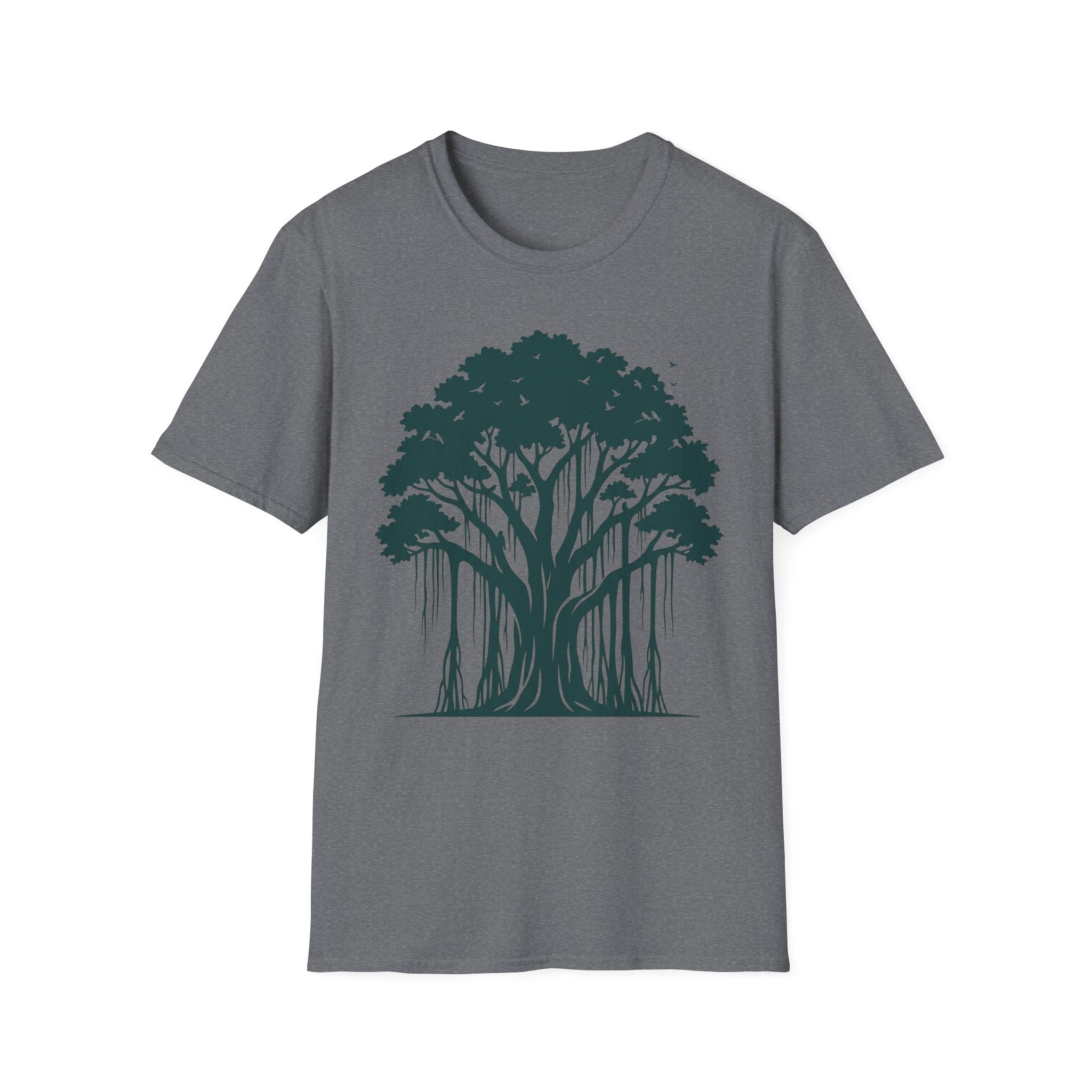 T-Shirt mit Banyan-Baum-Motiv, dunkelgrauer Stoff, Baumgrafik auf der Vorderseite