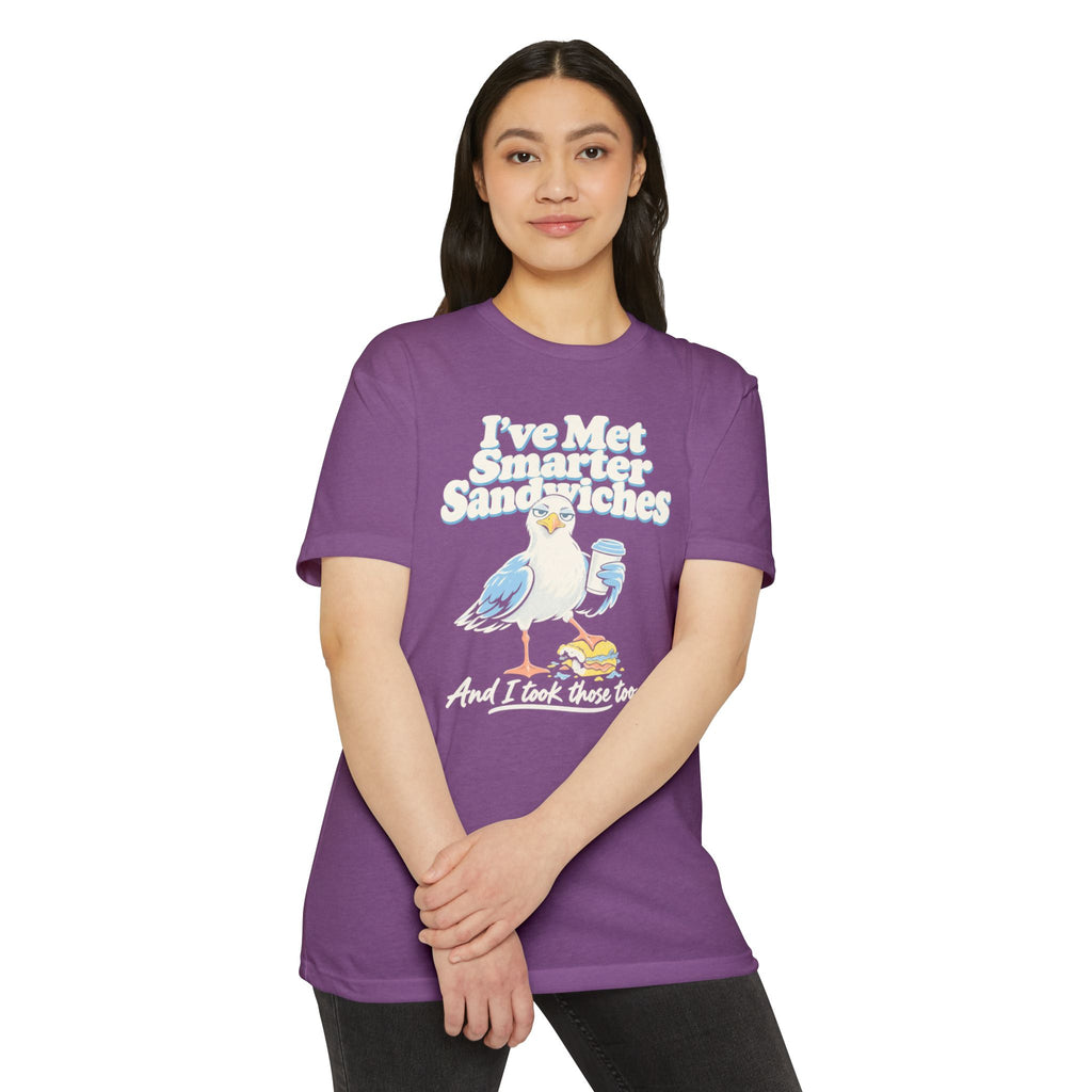 Purple short-sleeve T-shirt with seagull graphic and printed text on front