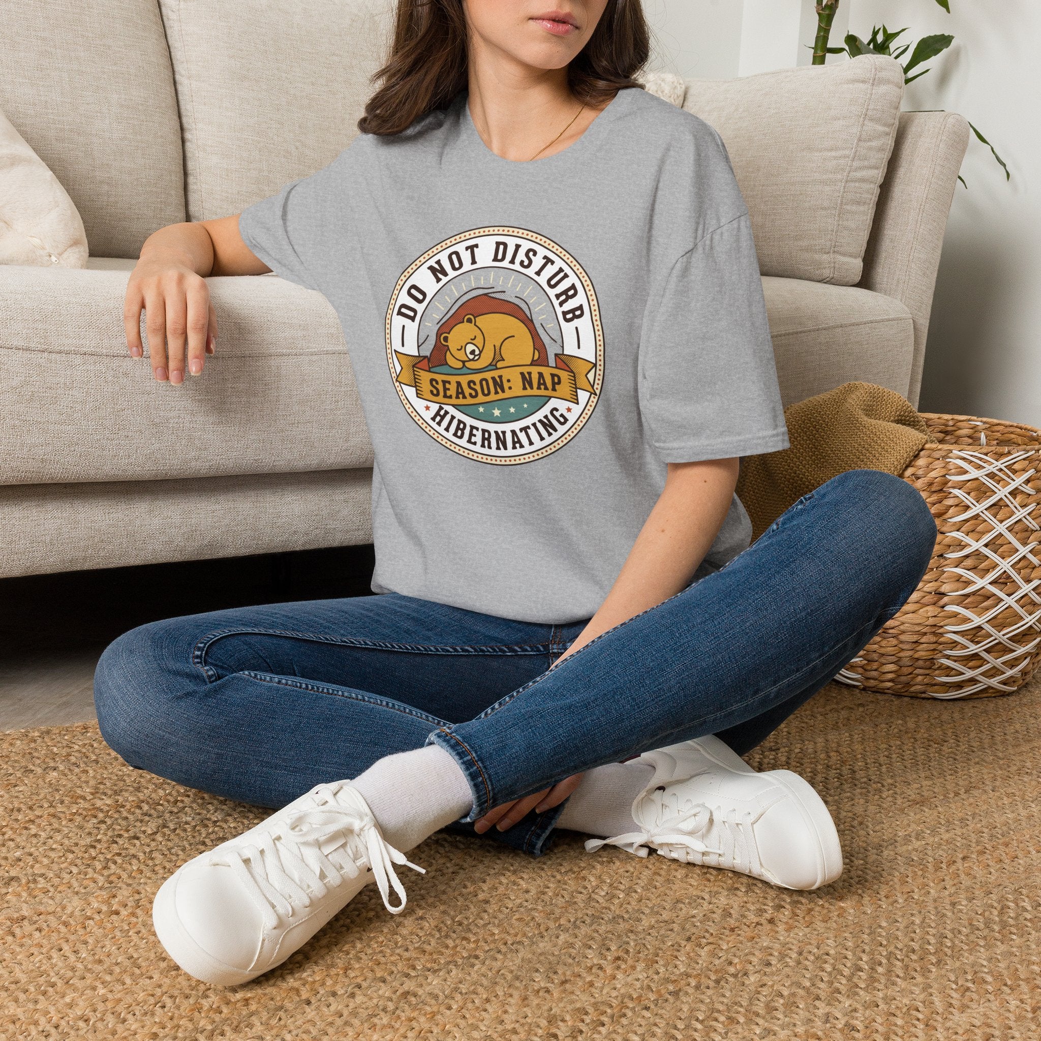 Heather gray nap T-shirt with circular 'Do Not Disturb Season: Nap' sleeping bear print