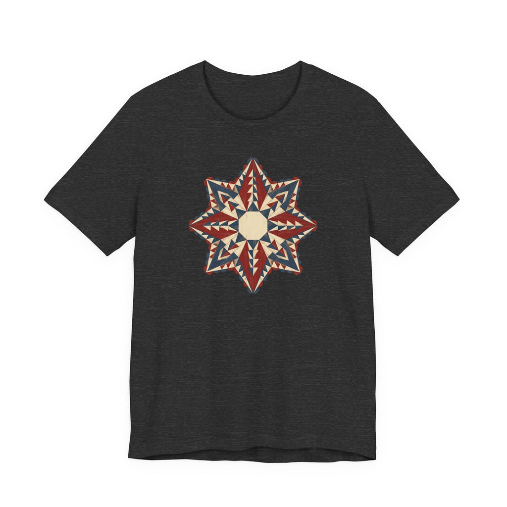 Dark charcoal graphic tee with colorful star mandala geometric compass print