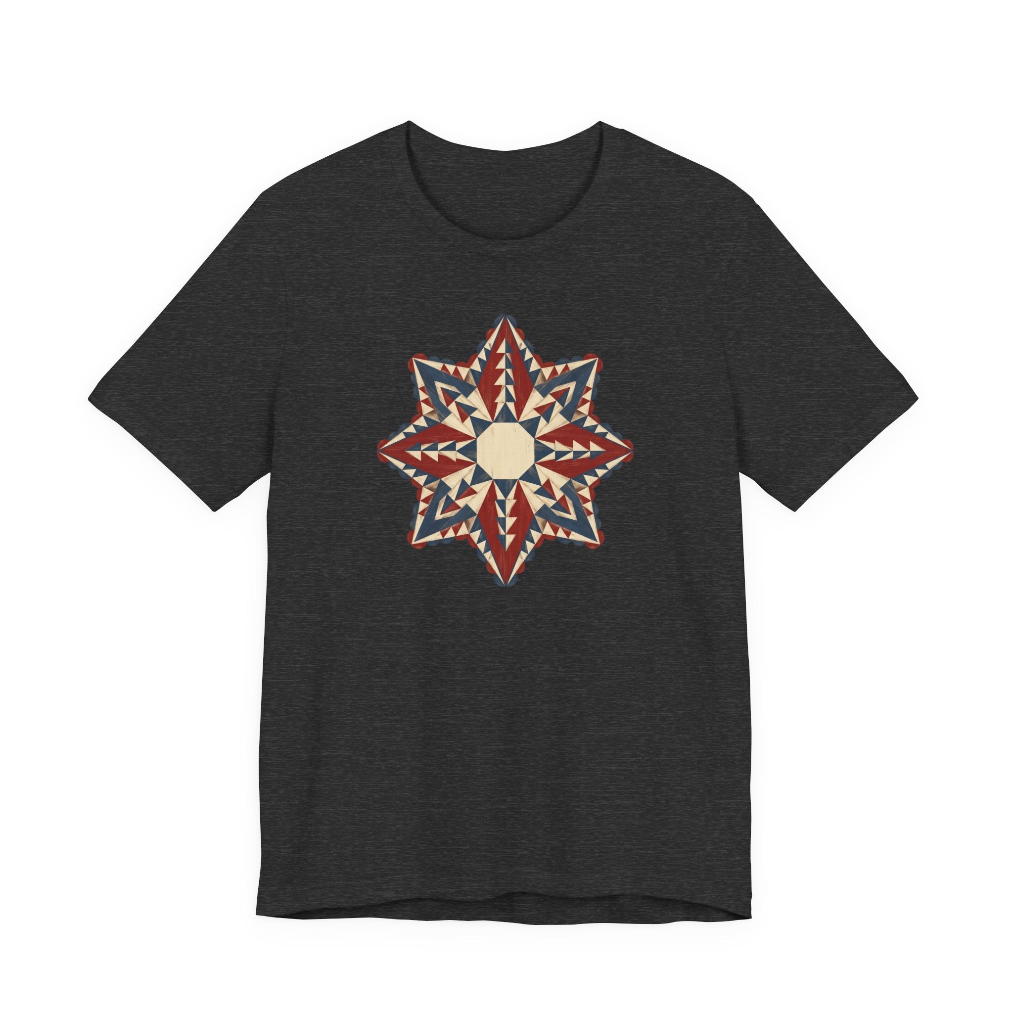 Dark charcoal graphic tee with colorful star mandala geometric compass print