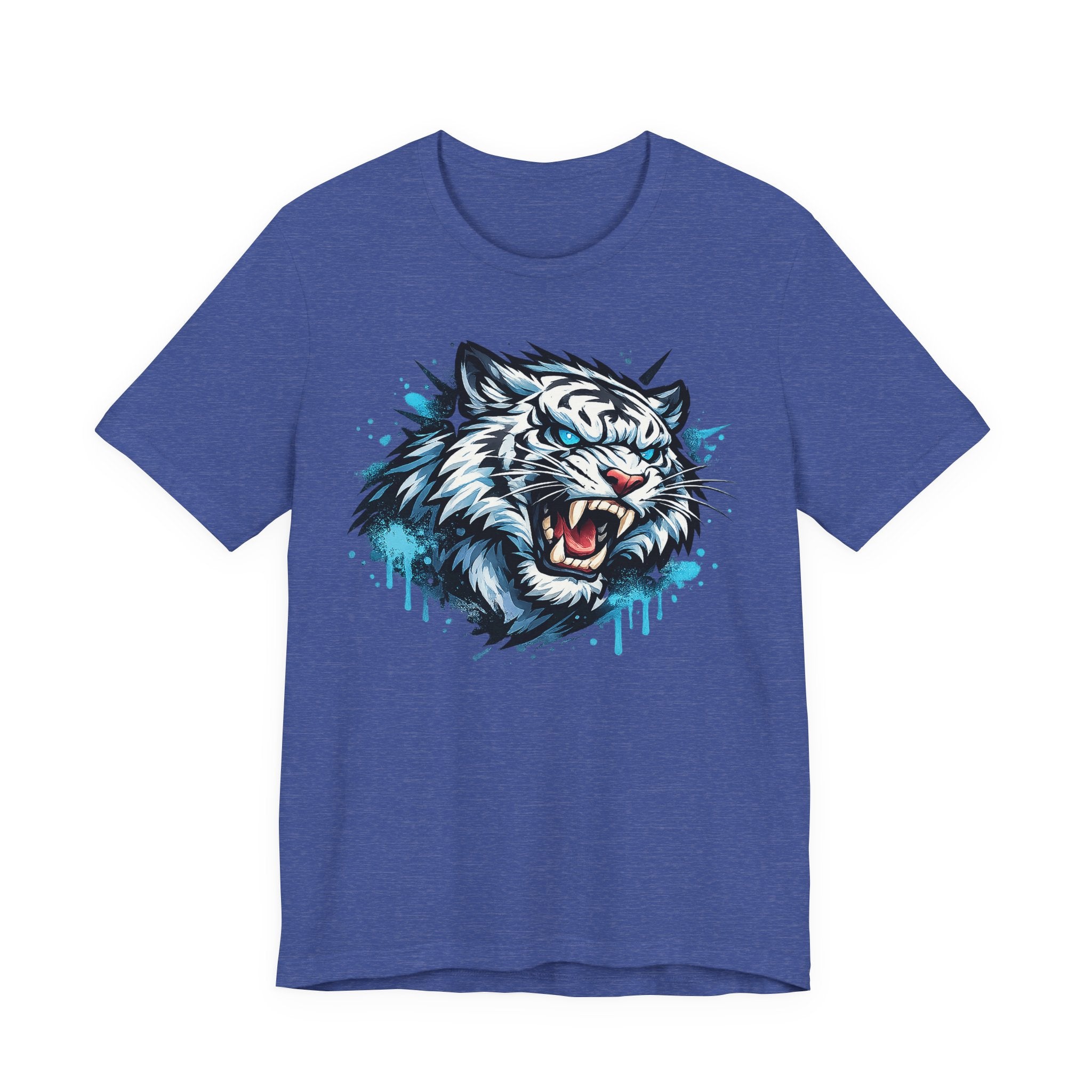 Royal blue unisex t-shirt with roaring tiger head graphic and blue drip print