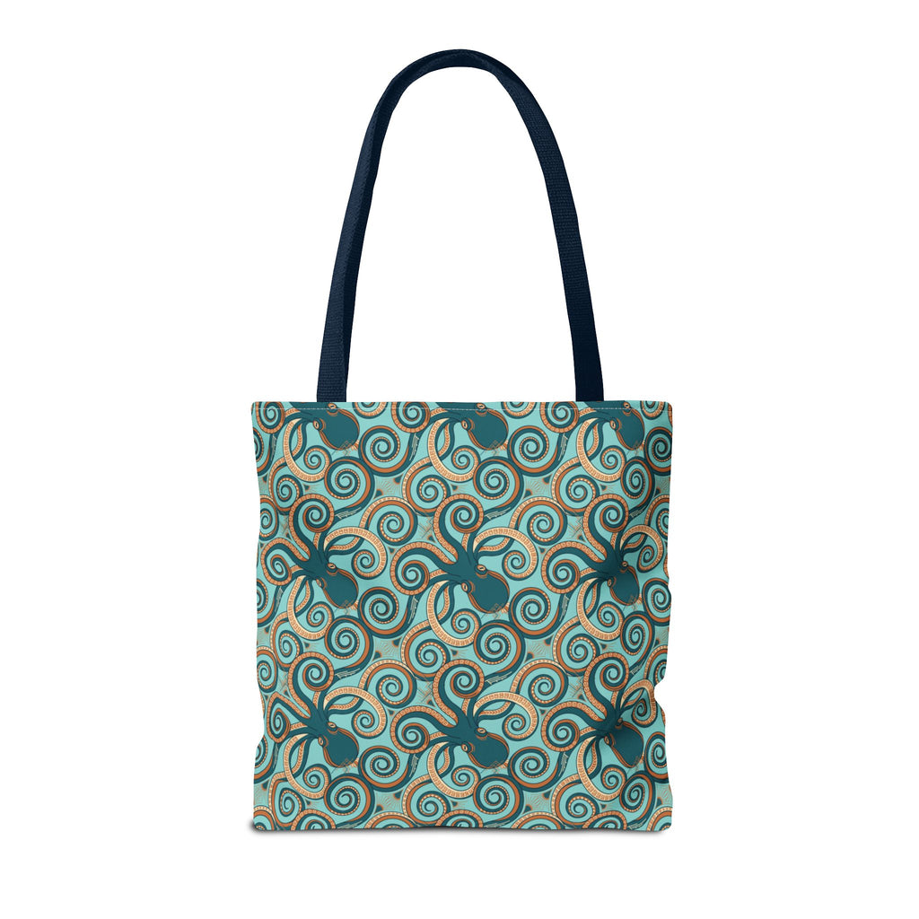 Teal tote bag with navy handles, octopus swirl pattern on all sides.