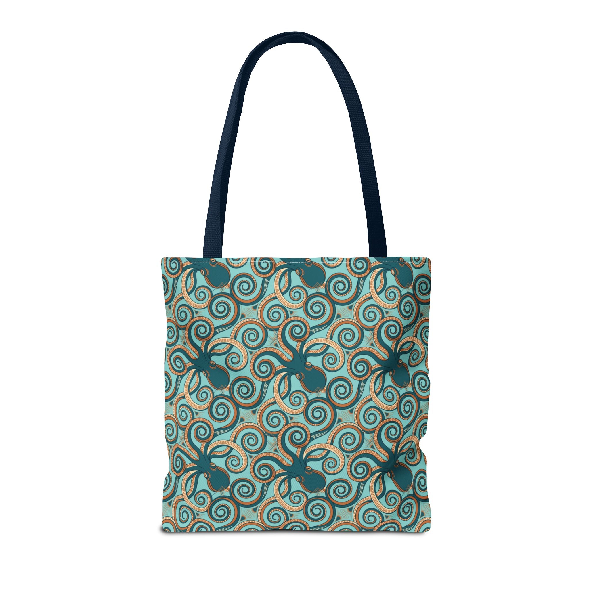 Teal tote bag with navy handles, octopus swirl pattern on all sides.