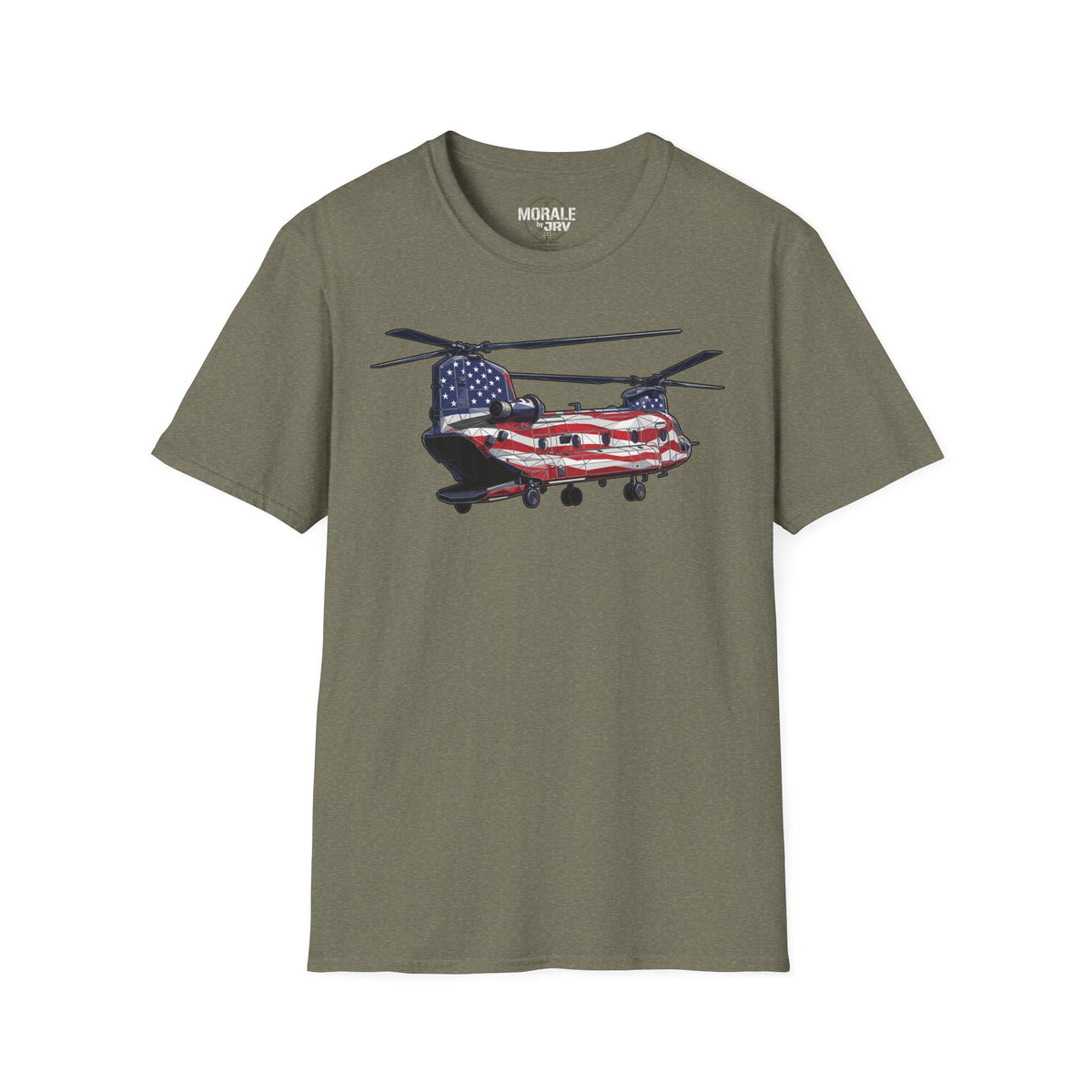 Heather military green crewneck T-shirt with patriotic helicopter graphic, front view