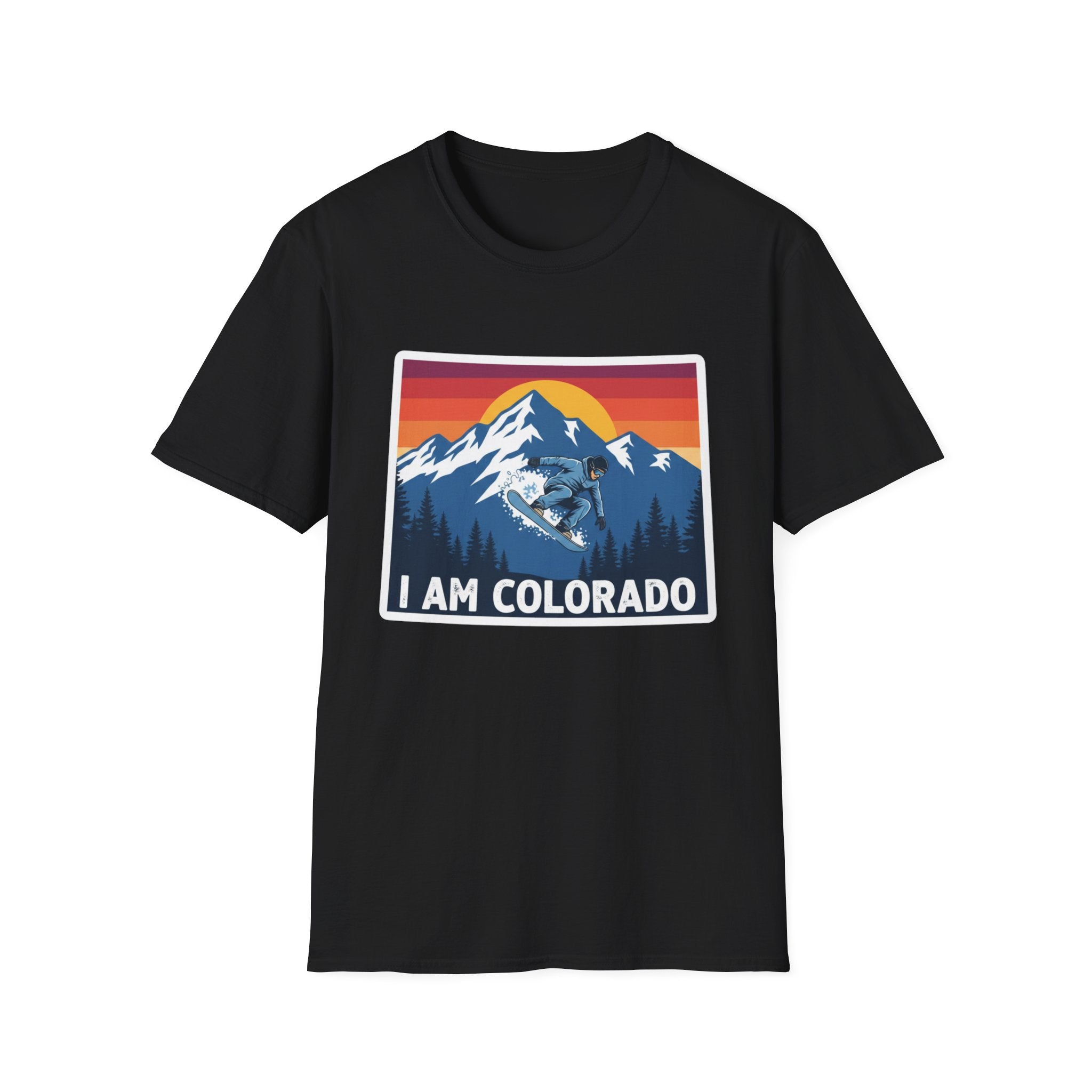 Black T-shirt with “I AM COLORADO” mountain sunset graphic featuring a wolf and bear
