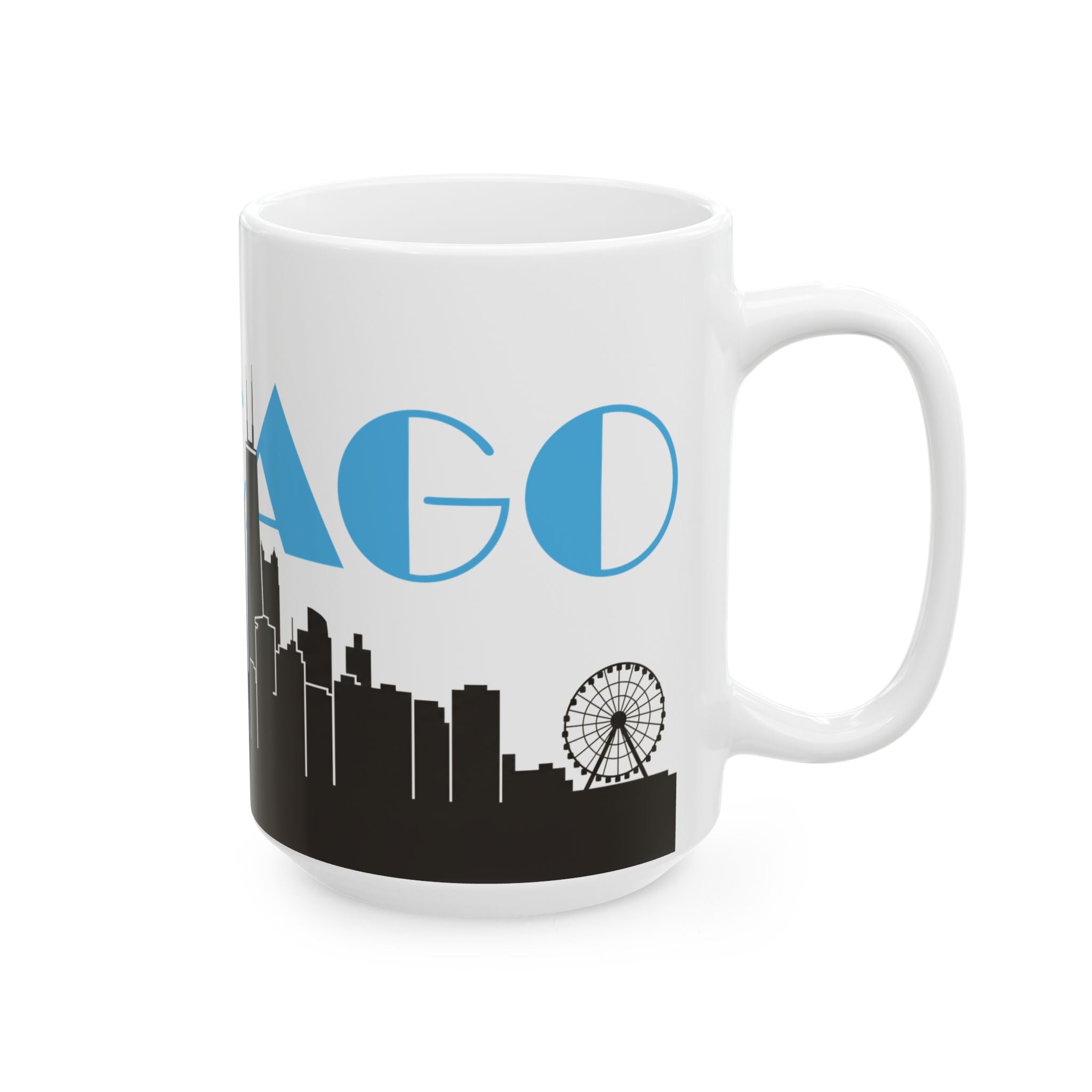 White ceramic mug with handle, black skyline and blue 'AGO' with ferris wheel