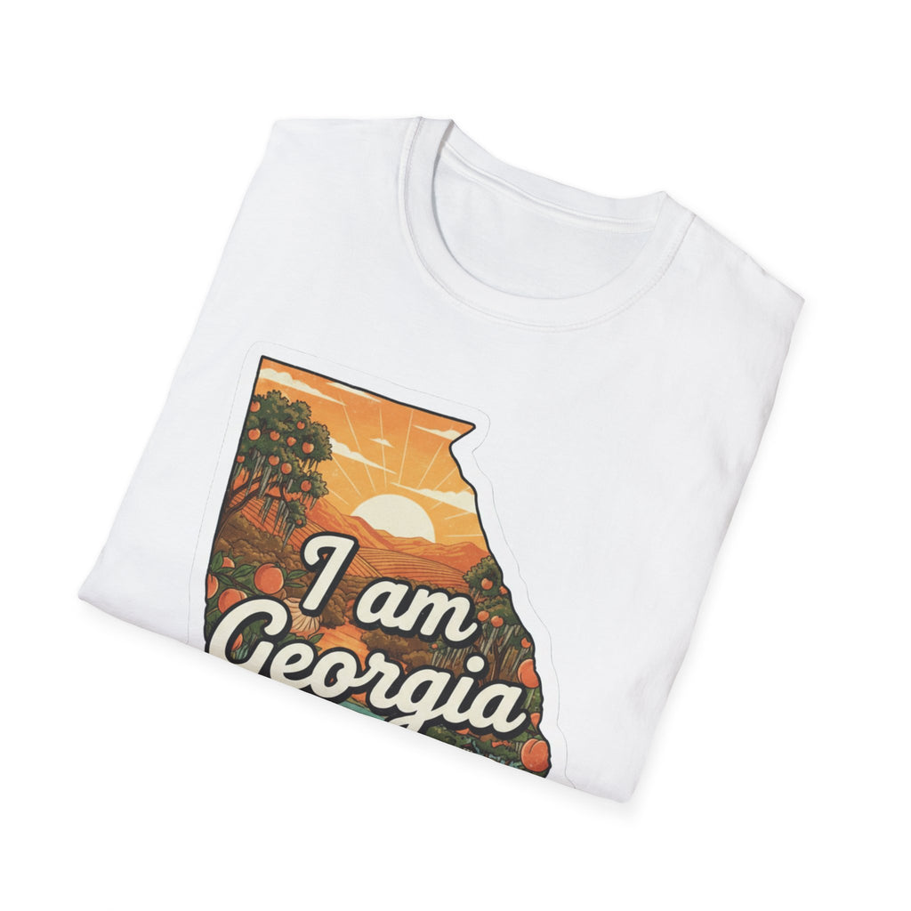 White T-shirt with partial Georgia map bulldog graphic and 'I am Georgia' text