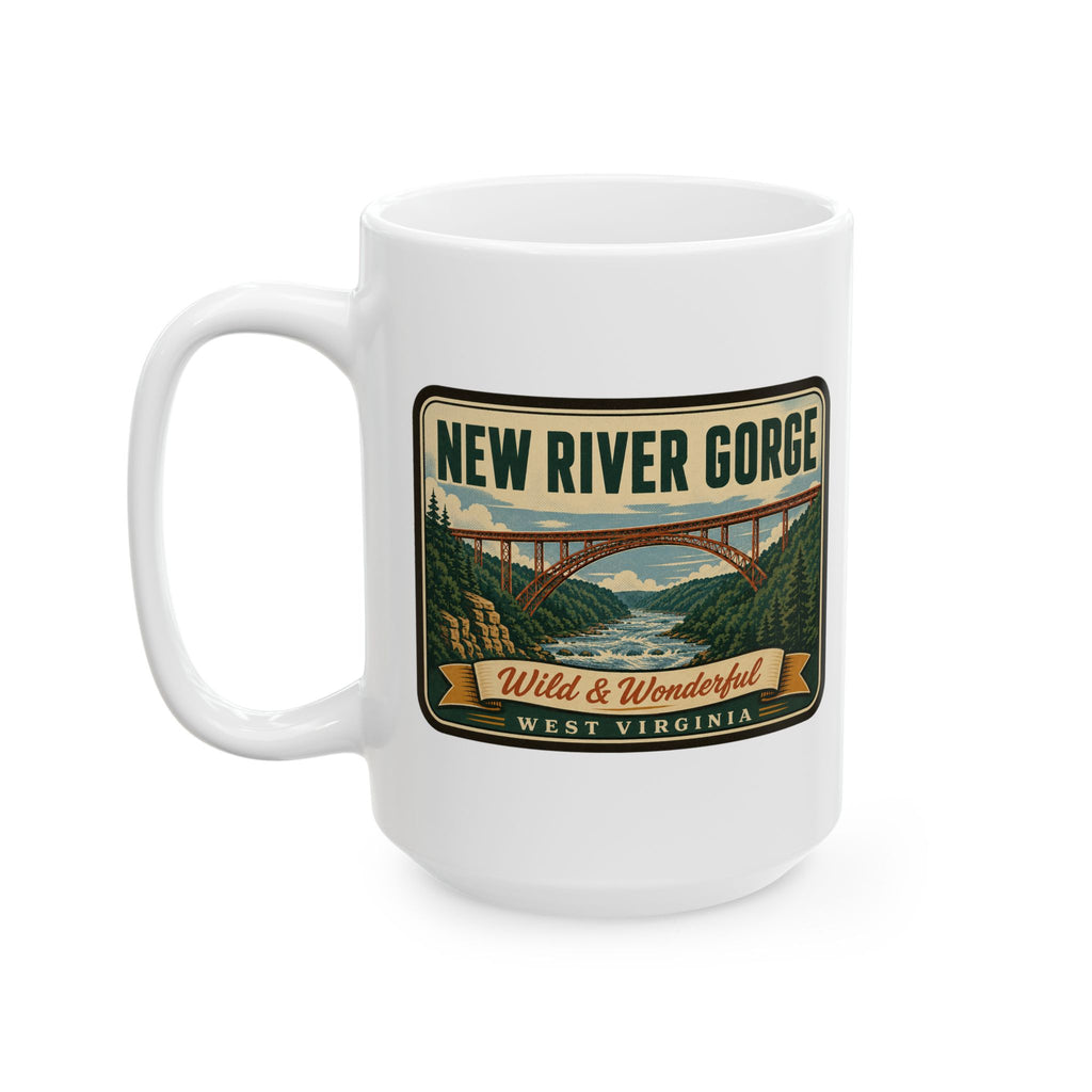 White ceramic coffee mug with 'NEW RIVER GORGE' Wild & Wonderful West Virginia badge