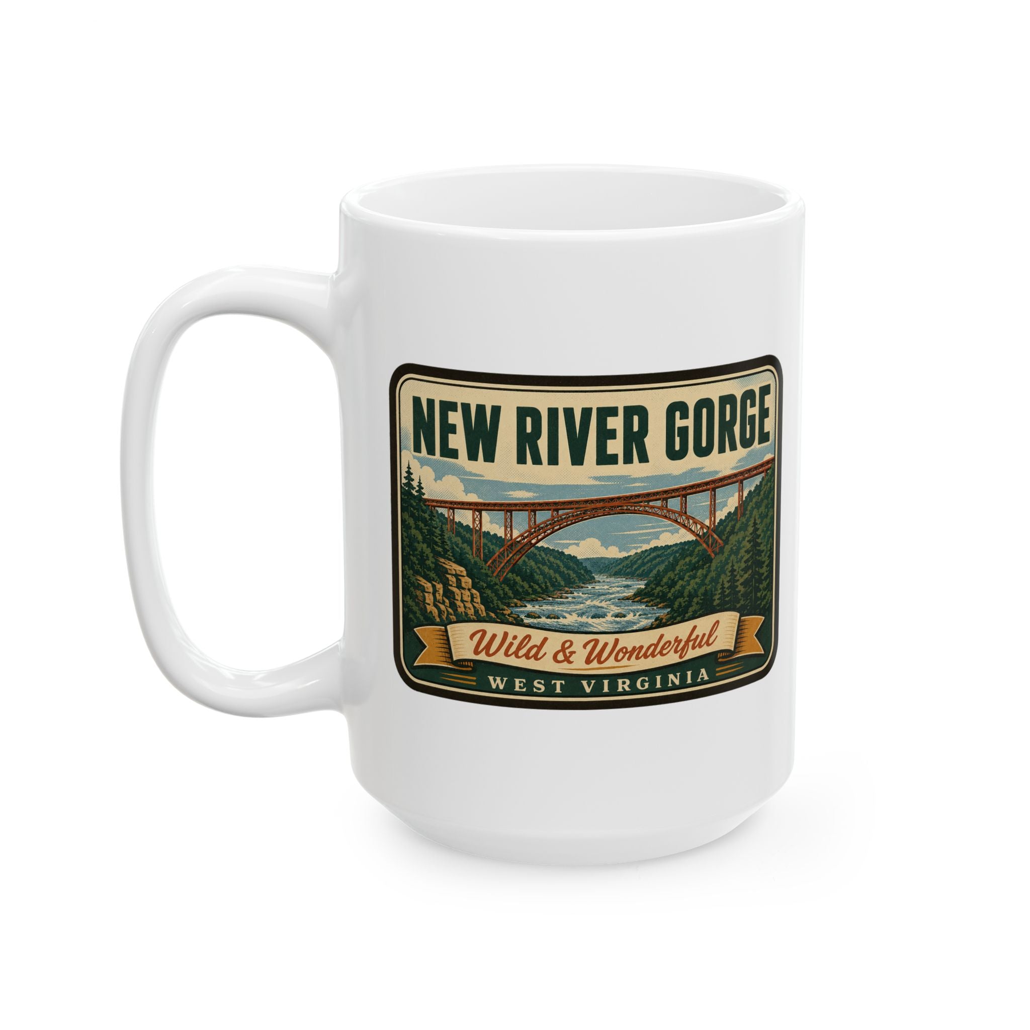 White ceramic coffee mug with 'NEW RIVER GORGE' Wild & Wonderful West Virginia badge