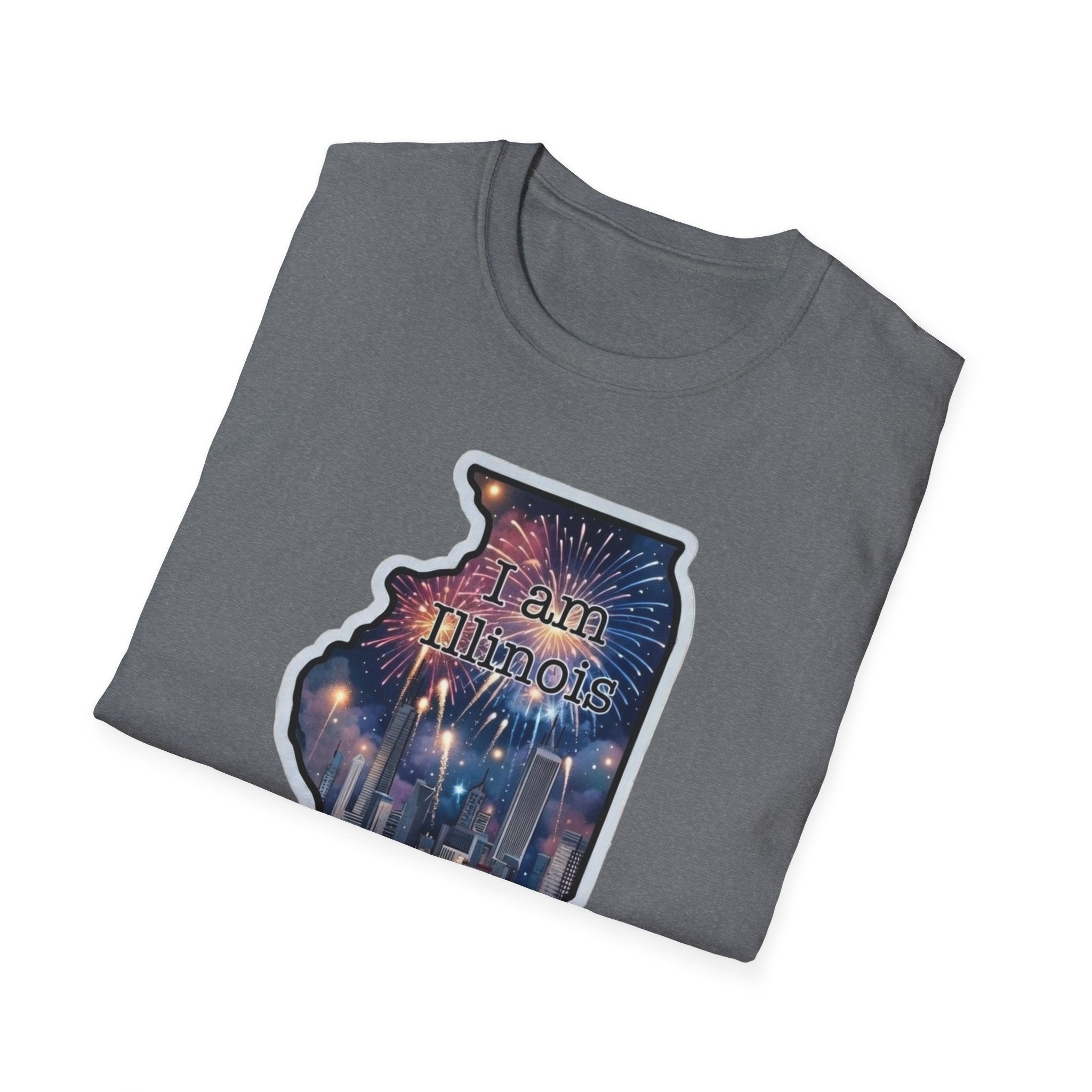 Heather Navy T-Shirt mit Illinois-Outline, Feuerwerk und „I am Illinois“-Schriftzug