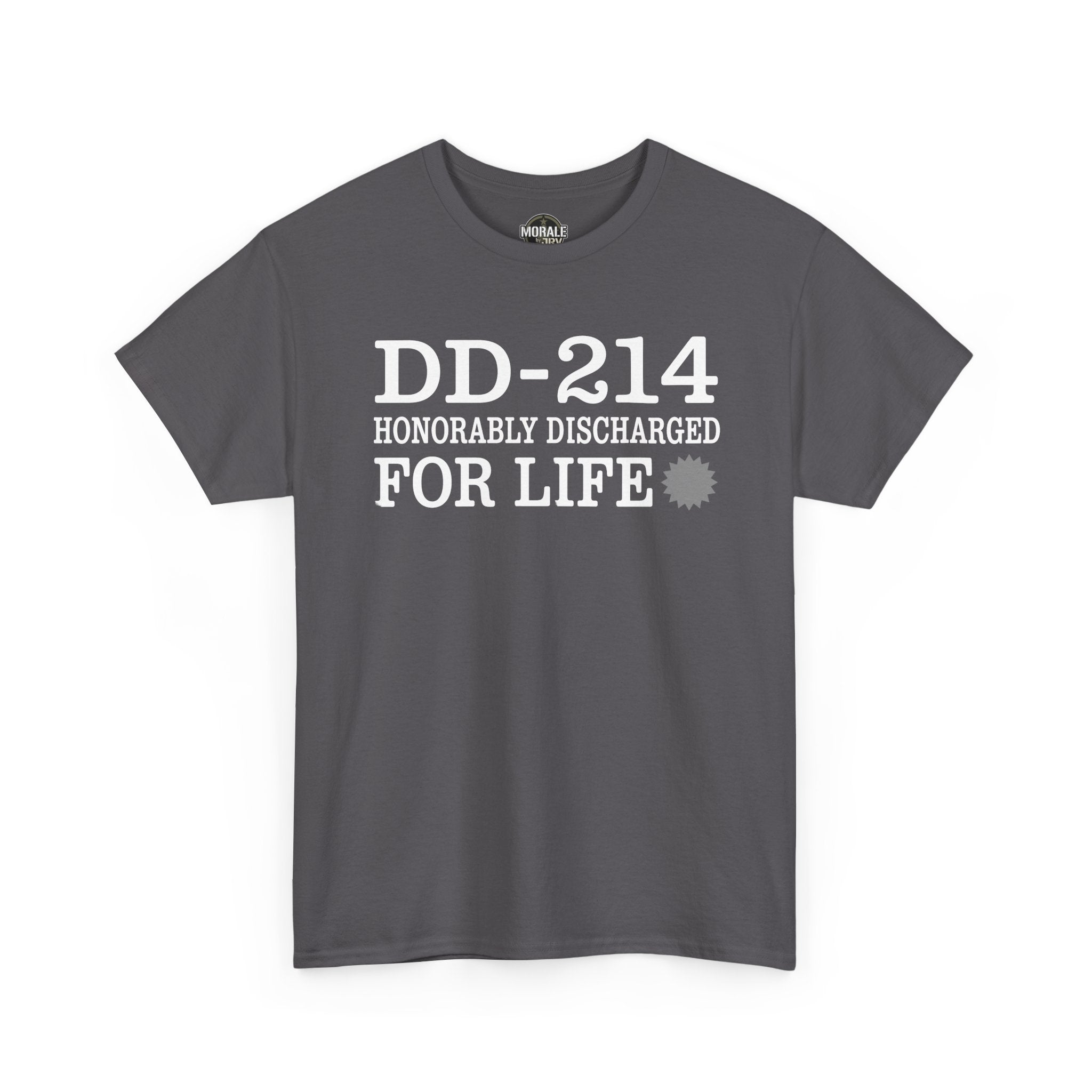Charcoal T-shirt with DD-214 HONORABLY DISCHARGED FOR LIFE graphic on front