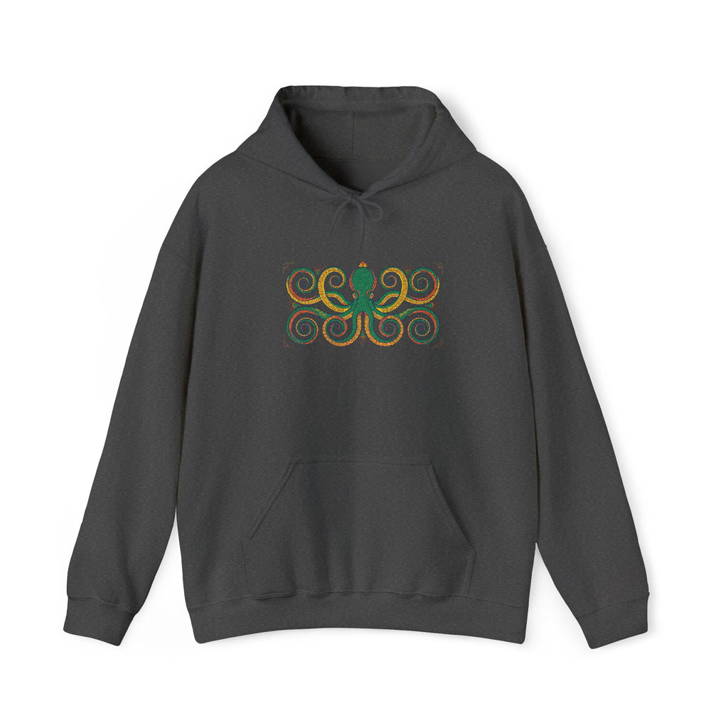 Dark gray pullover hoodie with hood, drawstrings, kangaroo pocket, octopus swirl graphic