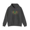 Dark gray pullover hoodie with hood, drawstrings, kangaroo pocket, octopus swirl graphic