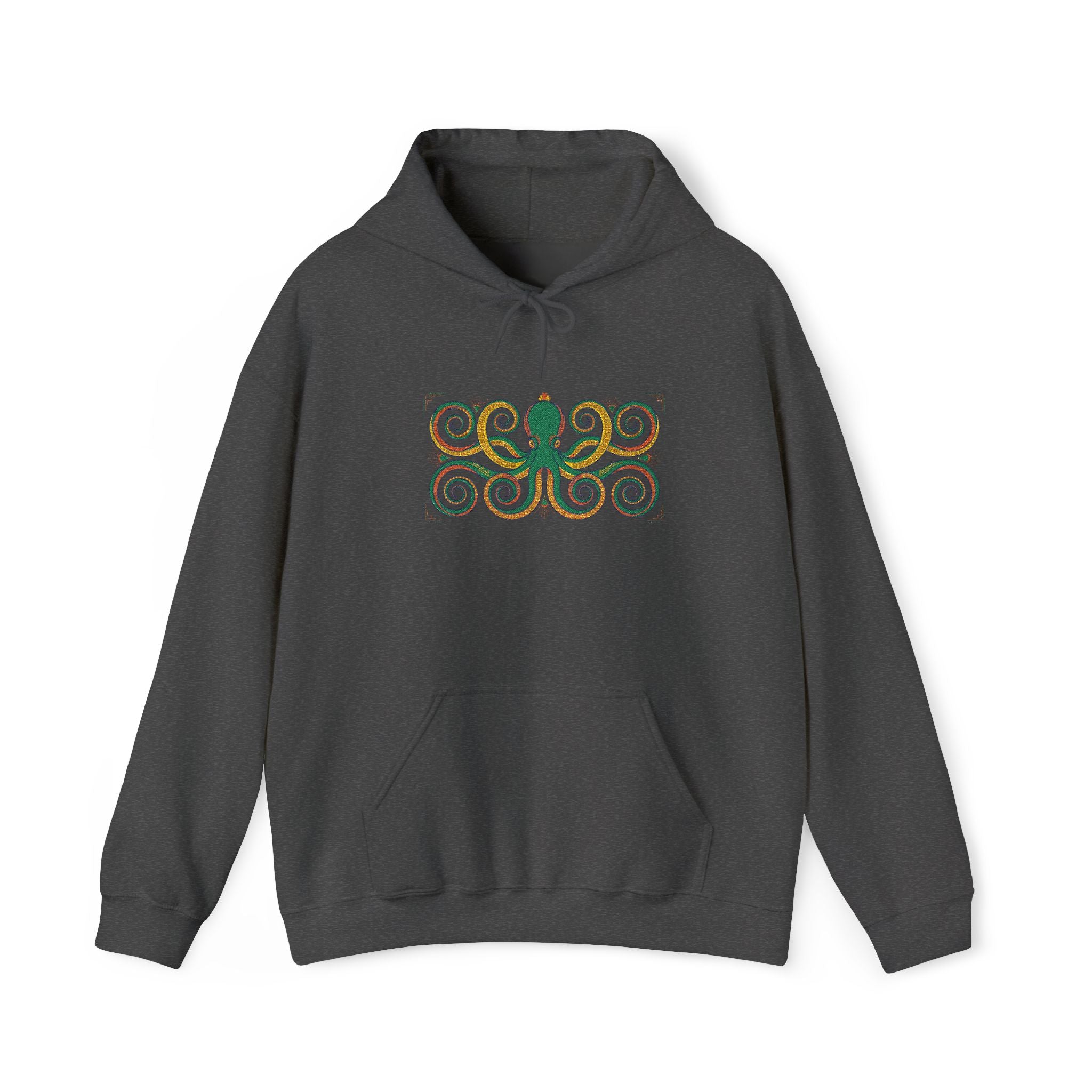 Dark gray pullover hoodie with hood, drawstrings, kangaroo pocket, octopus swirl graphic