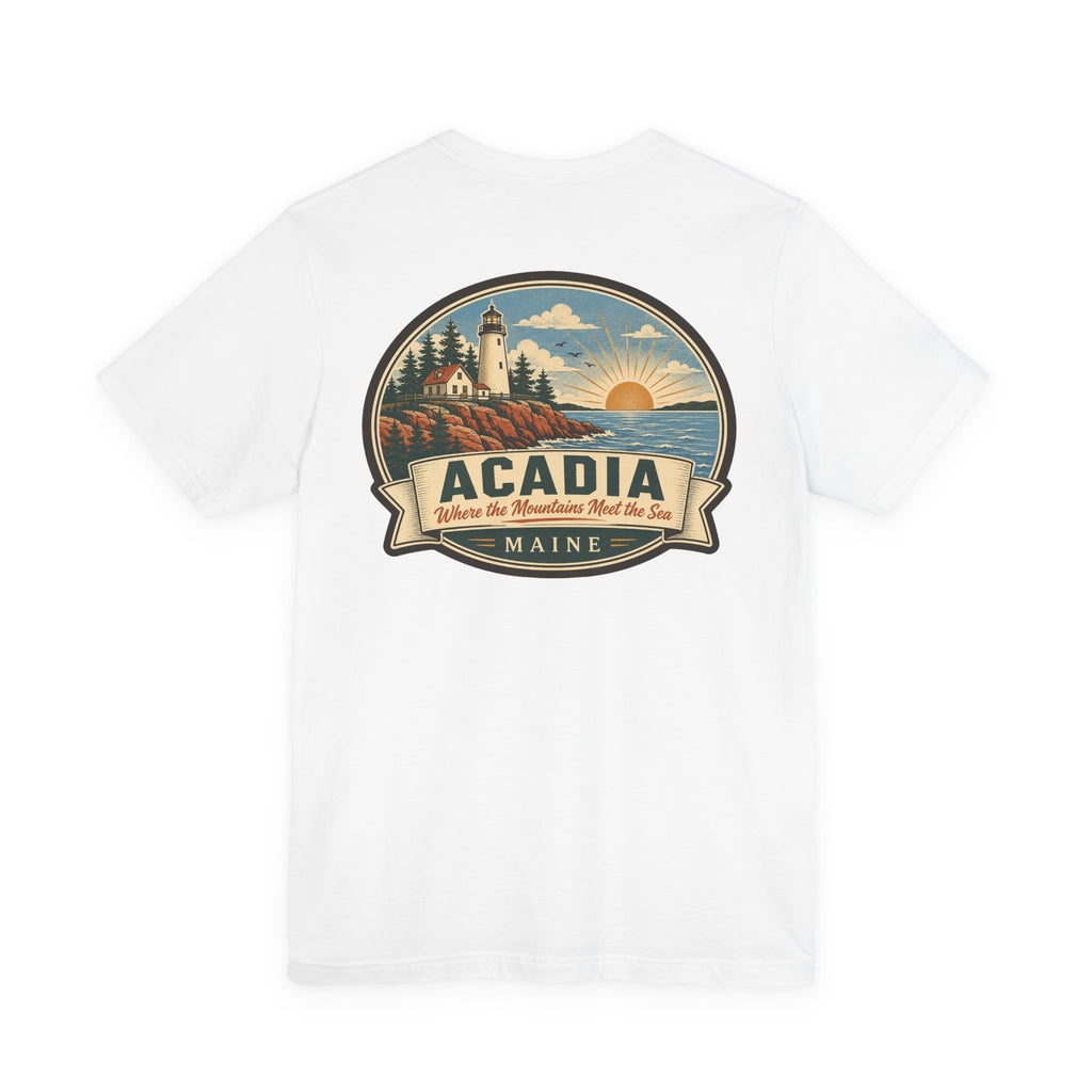 White crew-neck T-shirt with round Acadia national park lighthouse graphic
