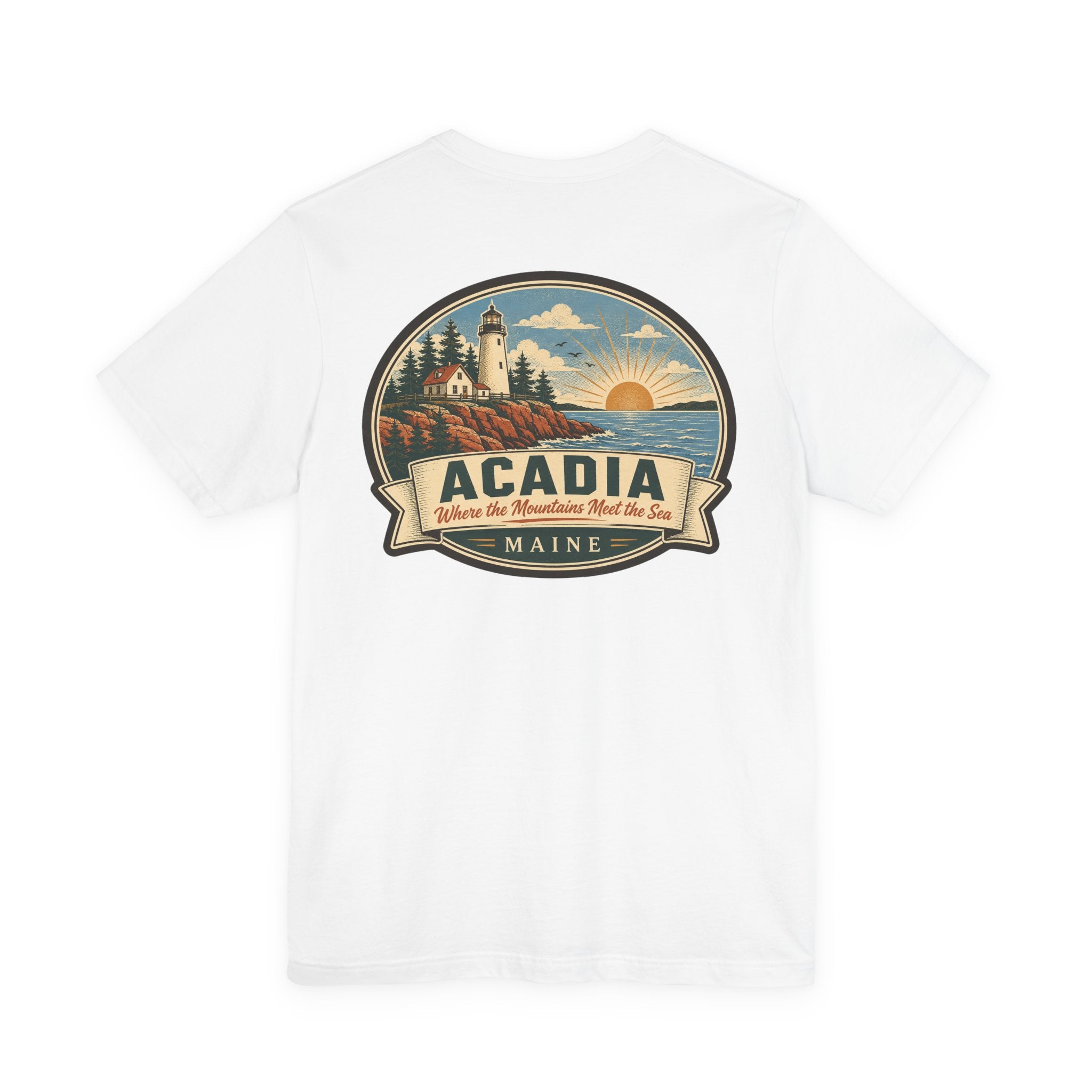 White crew-neck T-shirt with round Acadia national park lighthouse graphic