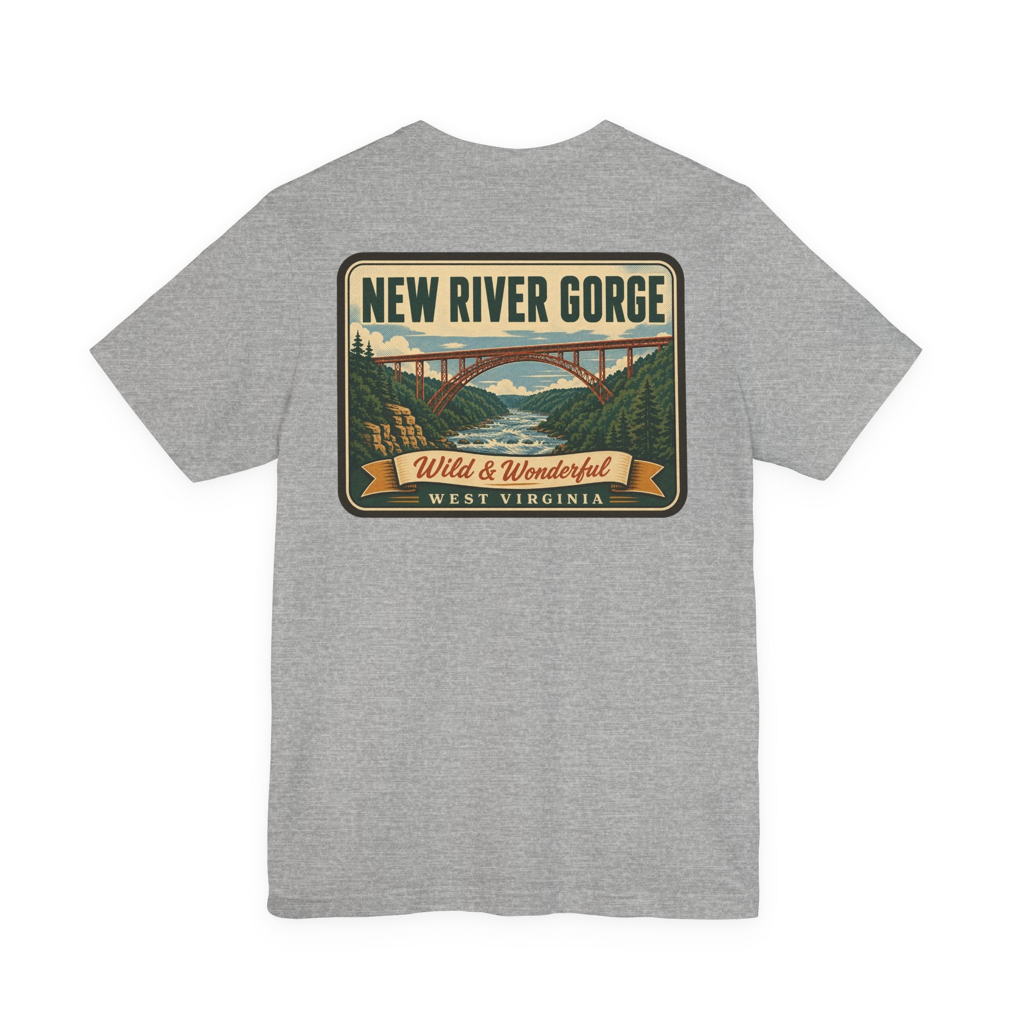 Gray crew-neck t-shirt with "New River Gorge" bridge graphic on front