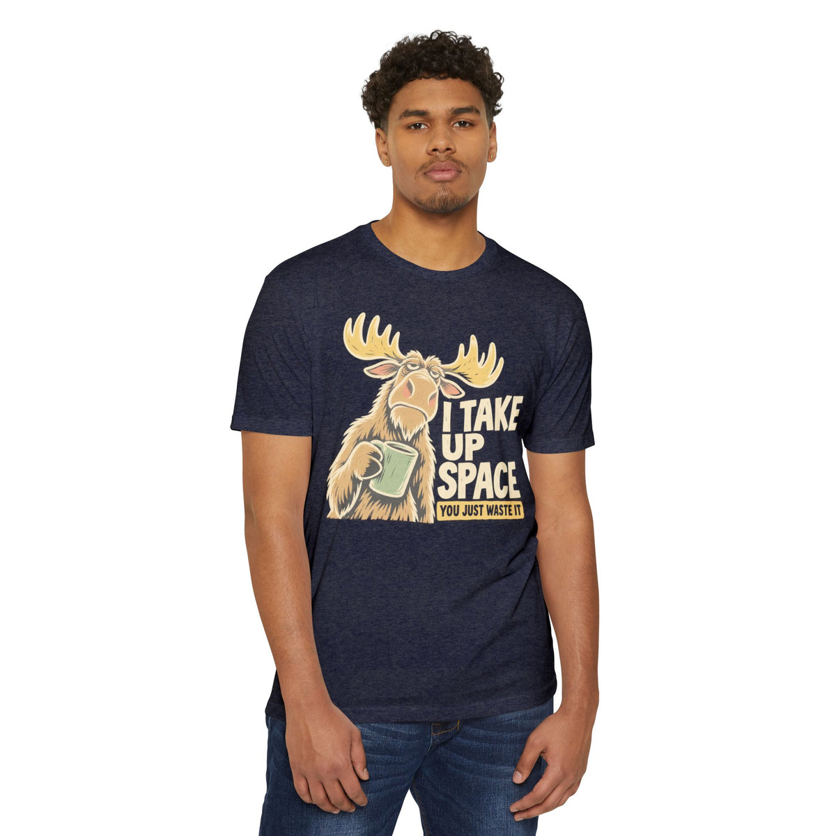 Dark heather crewneck t-shirt with moose space graphic and bold slogan text
