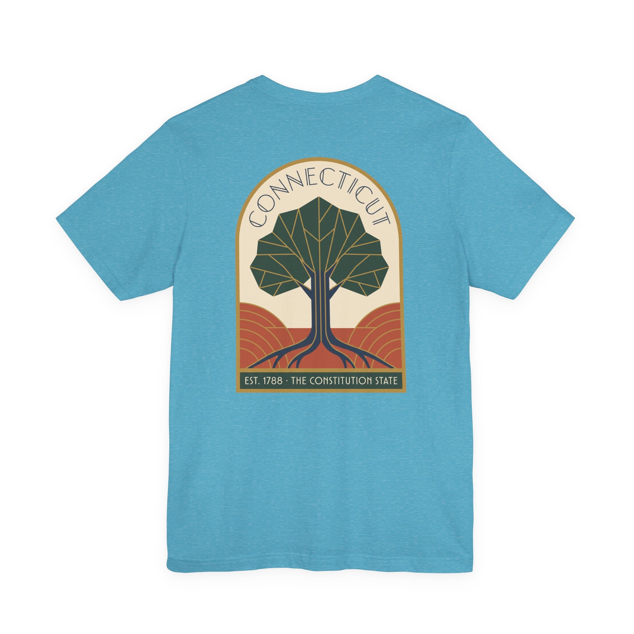 Connecticut tree graphic t-shirt, light teal, front emblem with tree and “Connecticut” text