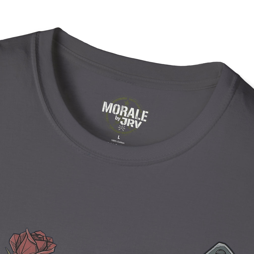 Charcoal T-shirt with crew neck and 'MORALE by JTR' logo