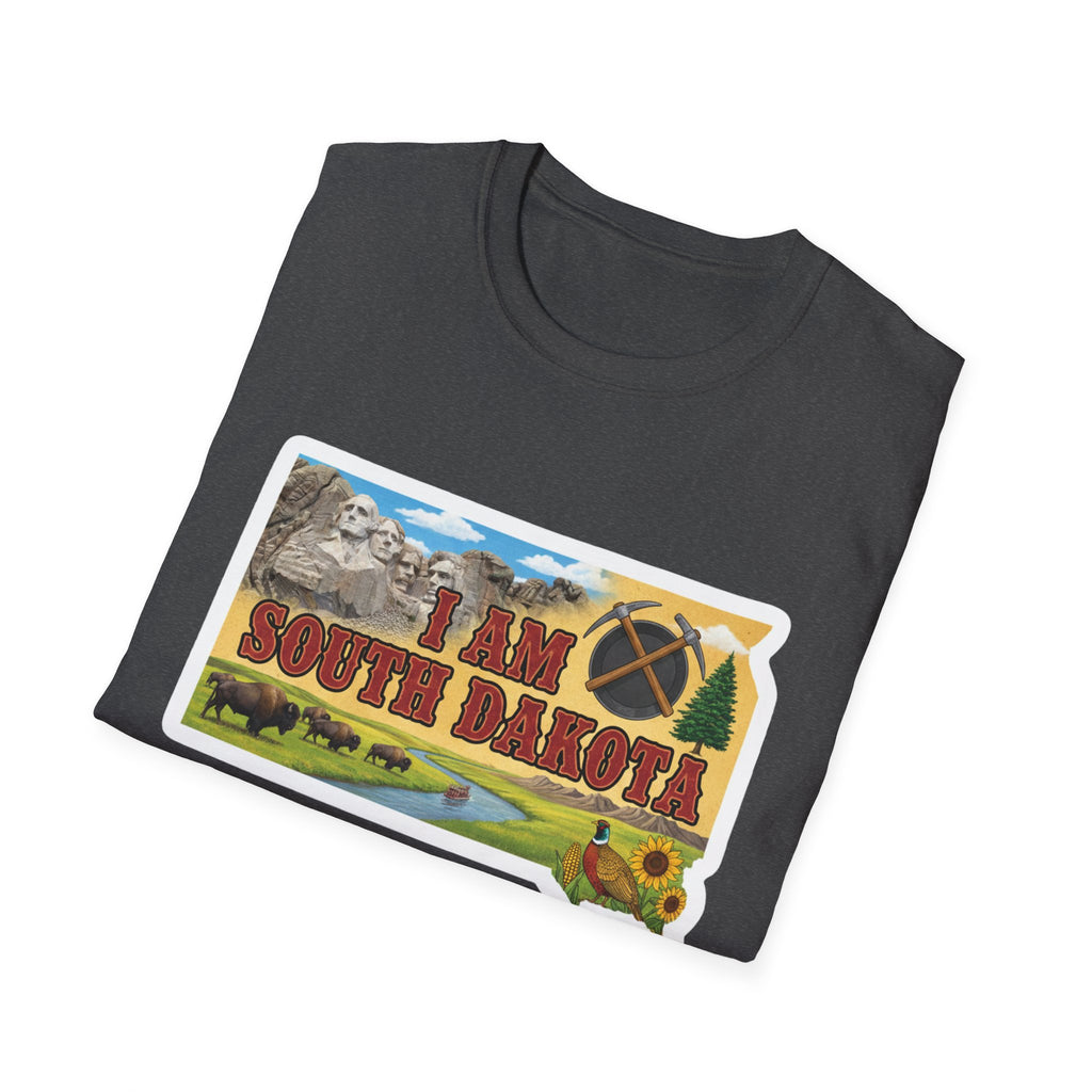Heather navy T-shirt with 'I AM SOUTH DAKOTA' landscape graphic