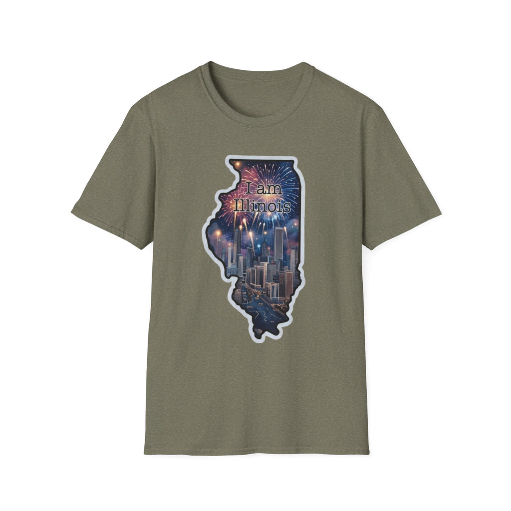 Illinois skyline state map T-shirt in olive green with front graphic print