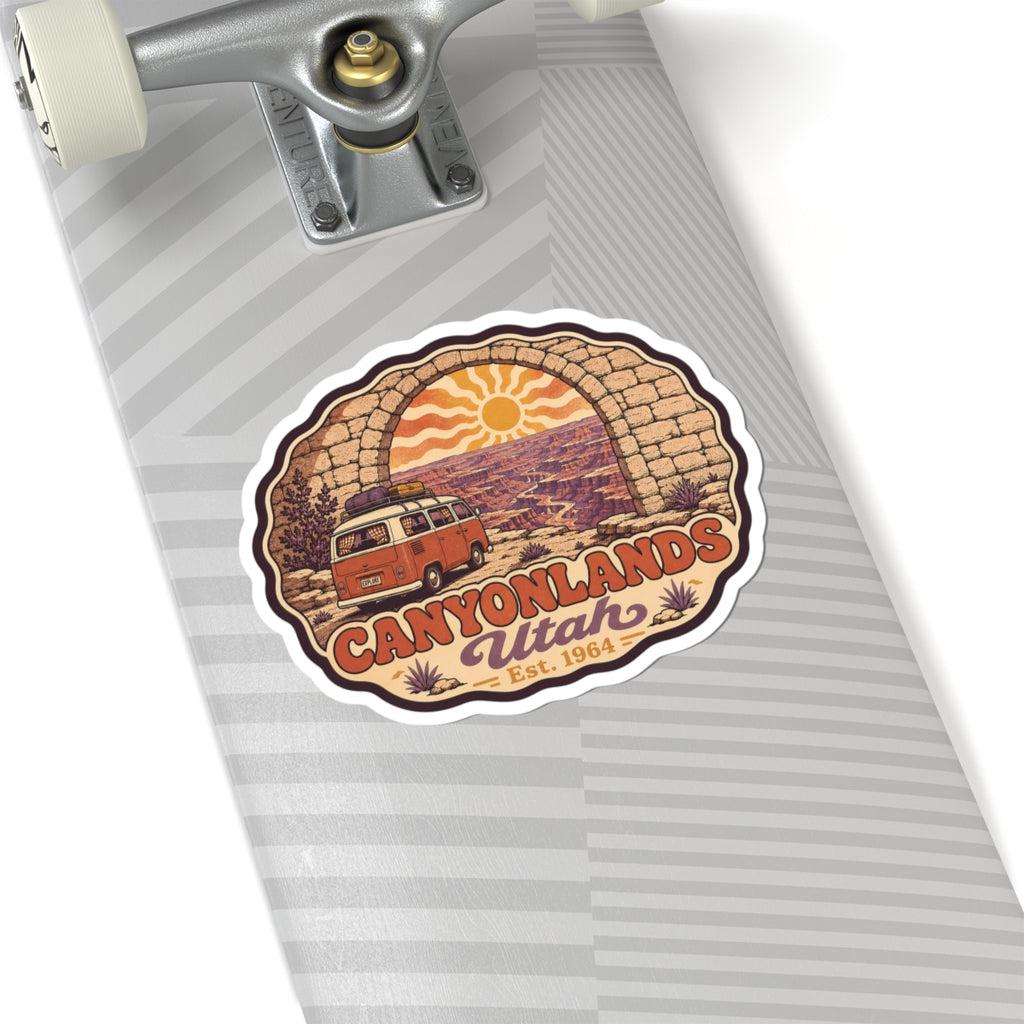 Canyonlands Utah sticker with red camper van and stone arch graphic