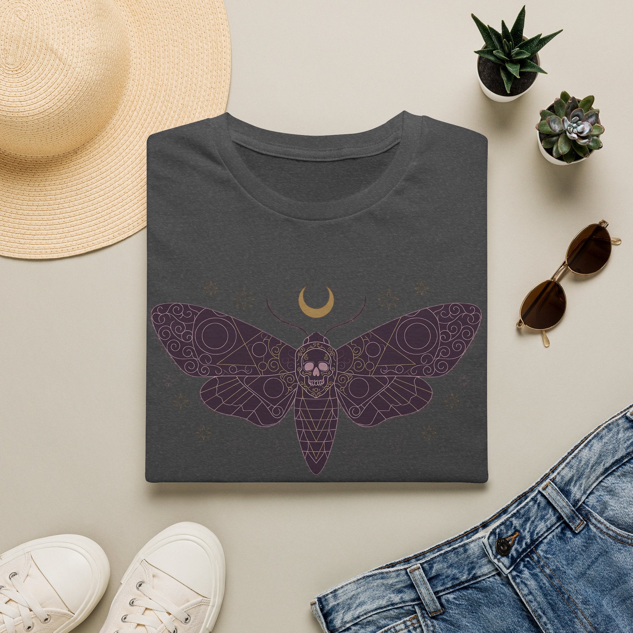 Charcoal gray moth skull graphic T-shirt with crescent moon and purple wings