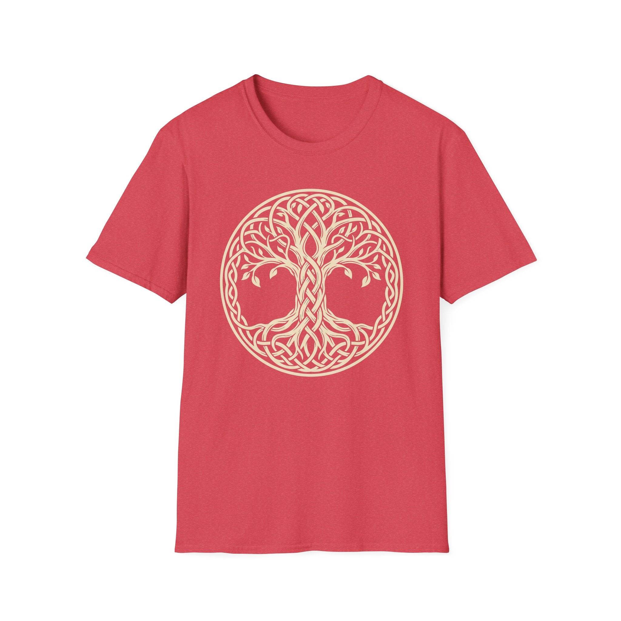 Red T-shirt with Celtic Tree of Life knotwork artwork and circular knot border
