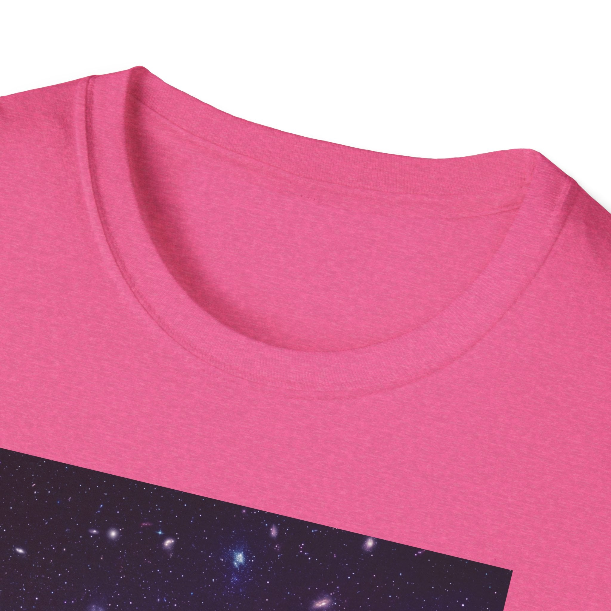 Pink T-shirt neckline with cosmic skull galaxy print