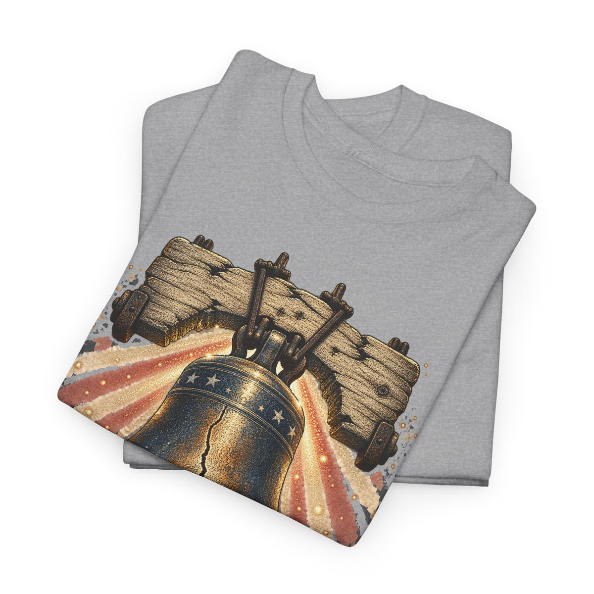 Light gray crewneck T-shirt with bell and patriotic fireworks graphic.