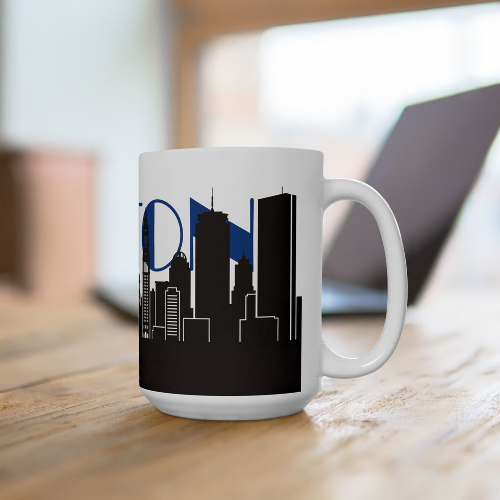 White ceramic mug with black city skyline and blue lettering on front