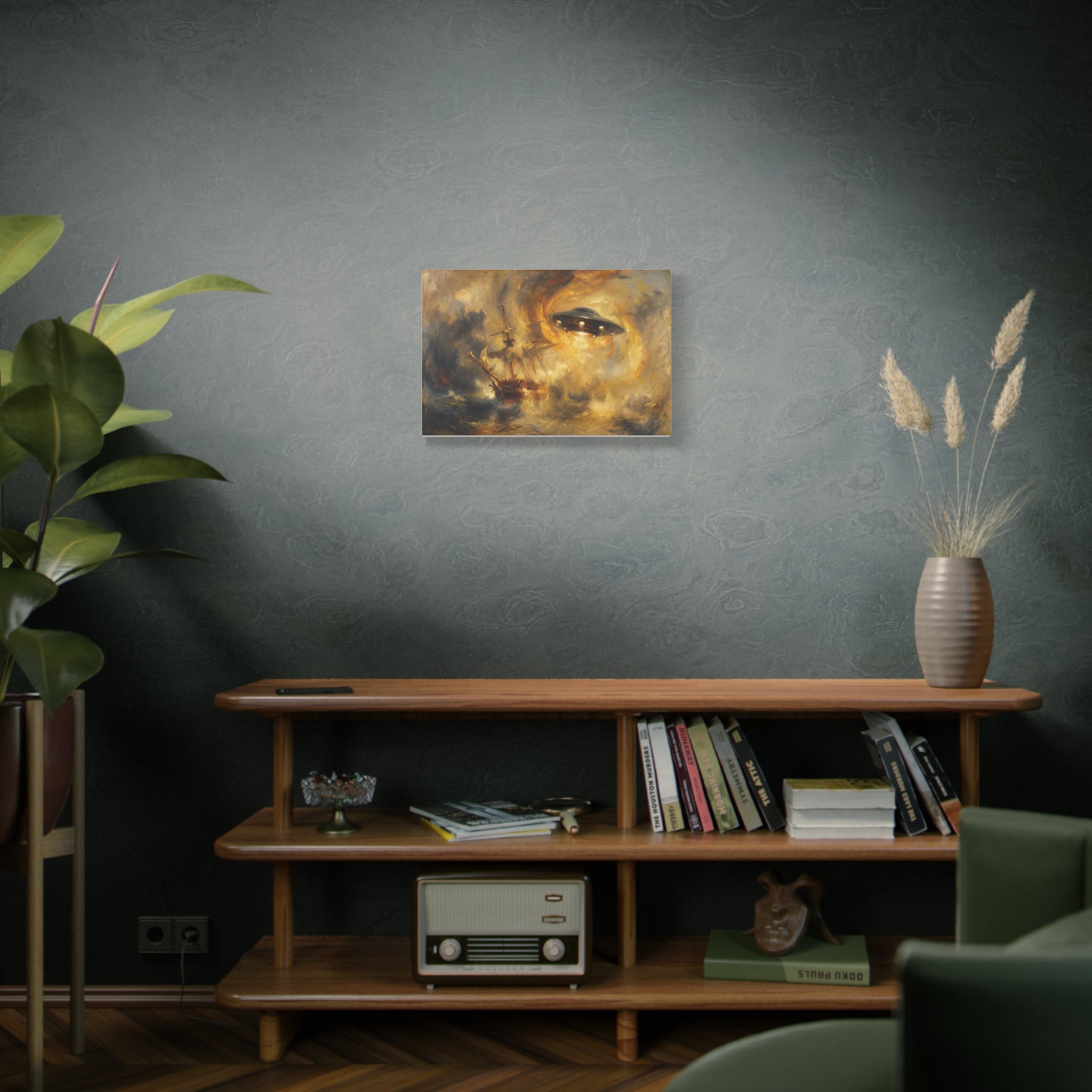 Rectangular canvas wall art with a UFO over storm clouds and a galleon, amber lighting
