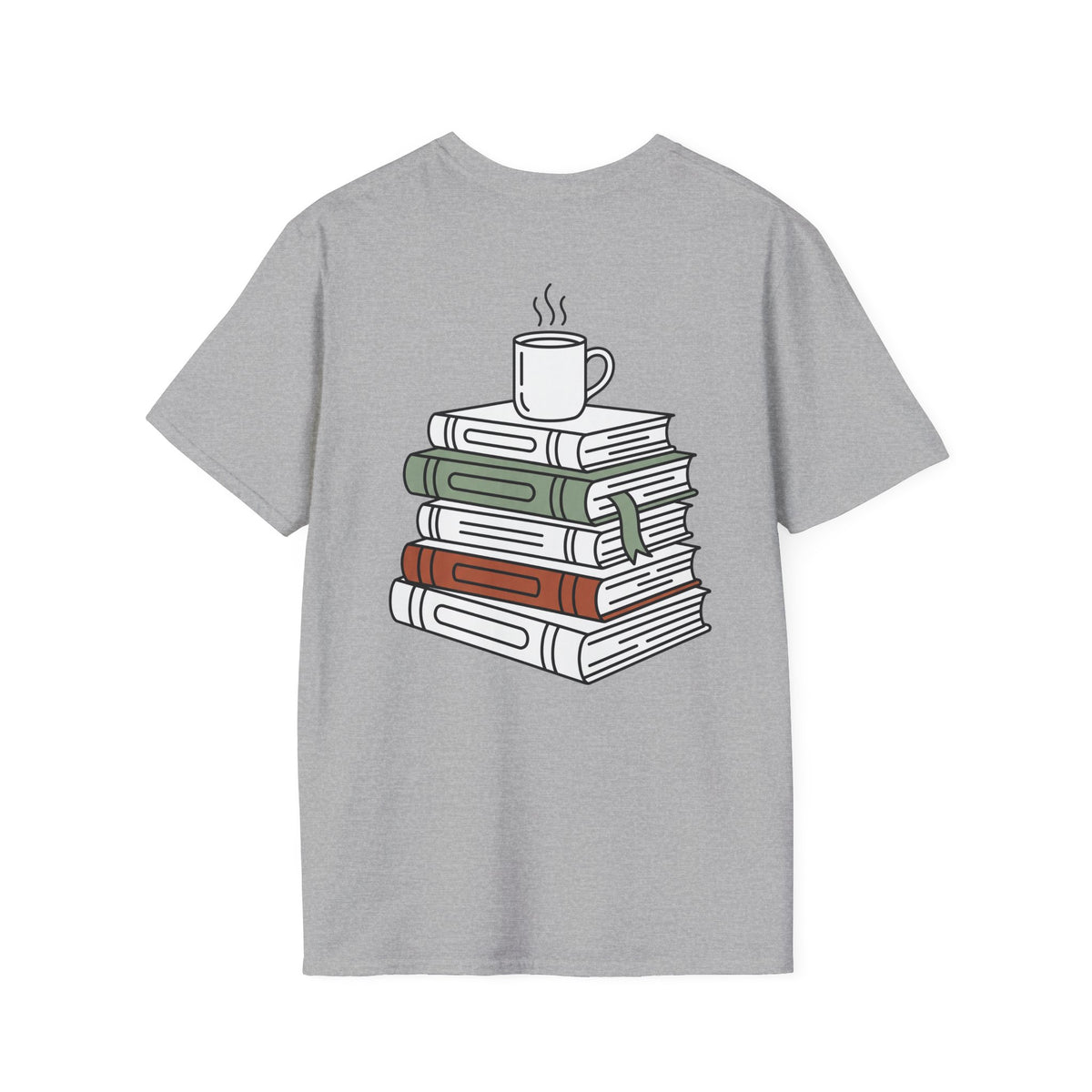 Light grey T-shirt with stacked books and coffee mug graphic, crew neck