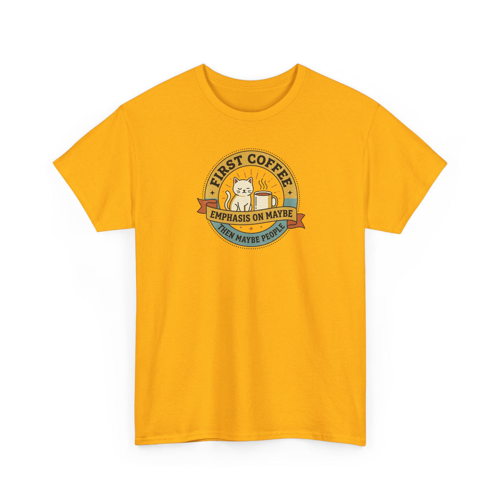 Yellow T-shirt with circular “FIRST COFFEE” cat graphic on the chest
