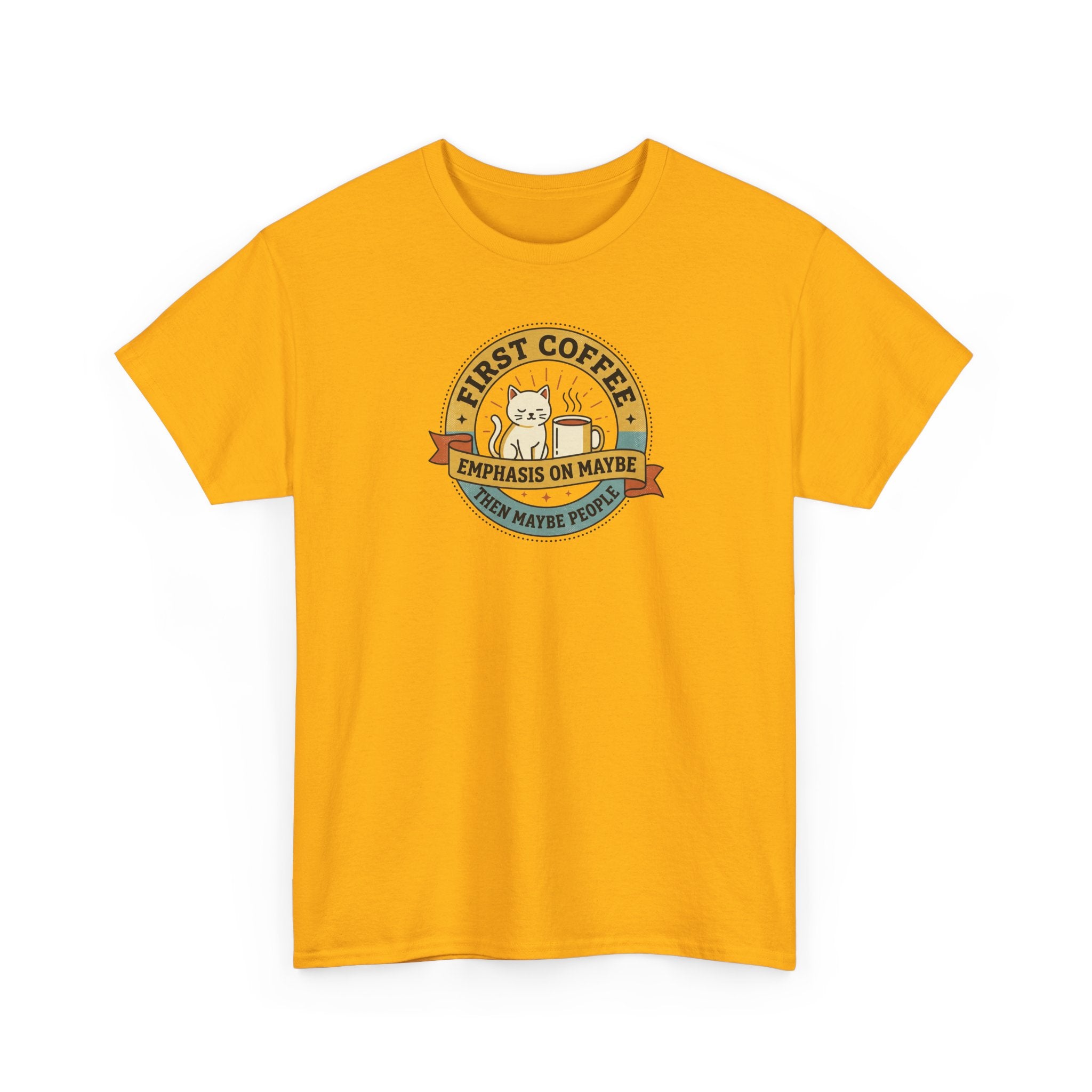Yellow T-shirt with circular “FIRST COFFEE” cat graphic on the chest
