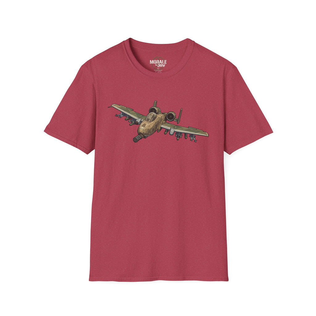 Burgundy T-shirt with A-10 Warthog aircraft graphic on the chest