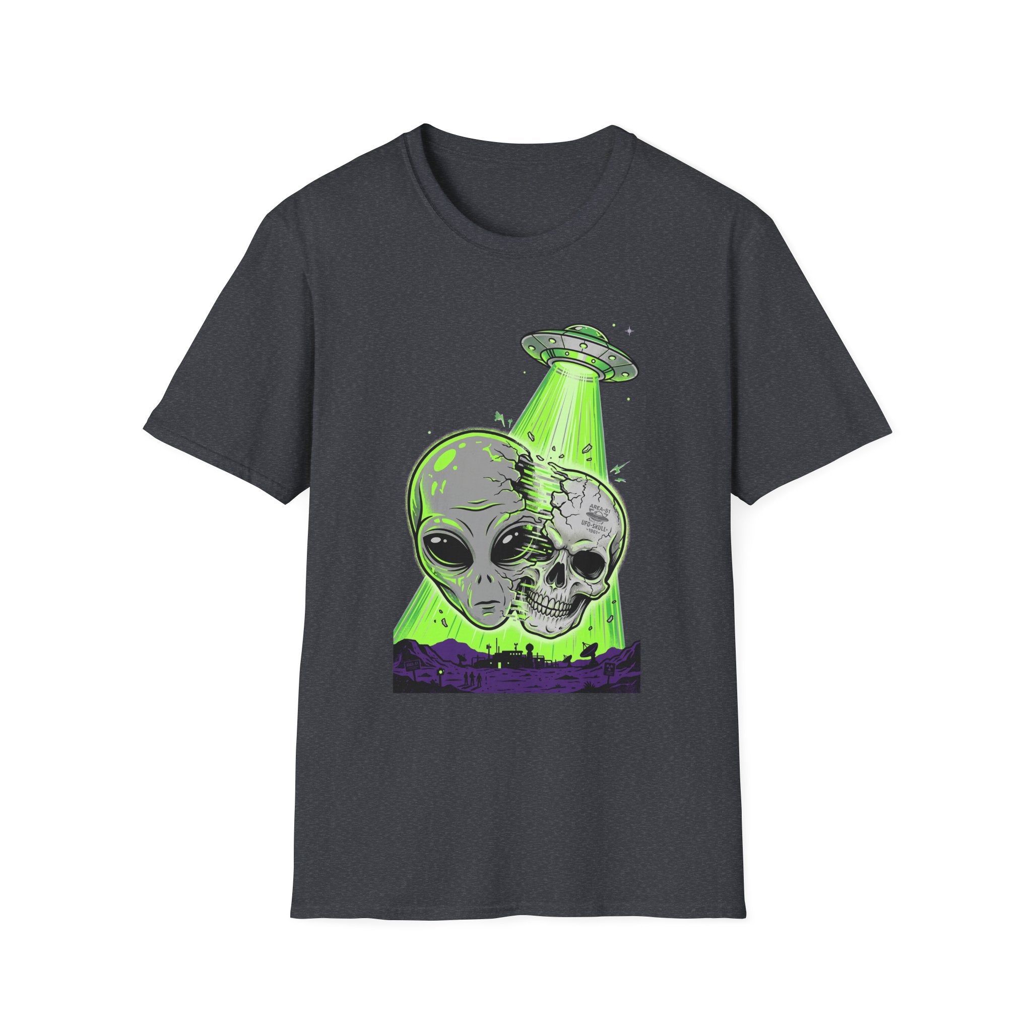 Alien & Skull T-Shirt, UFO tractor beam skull graphic on dark gray tee