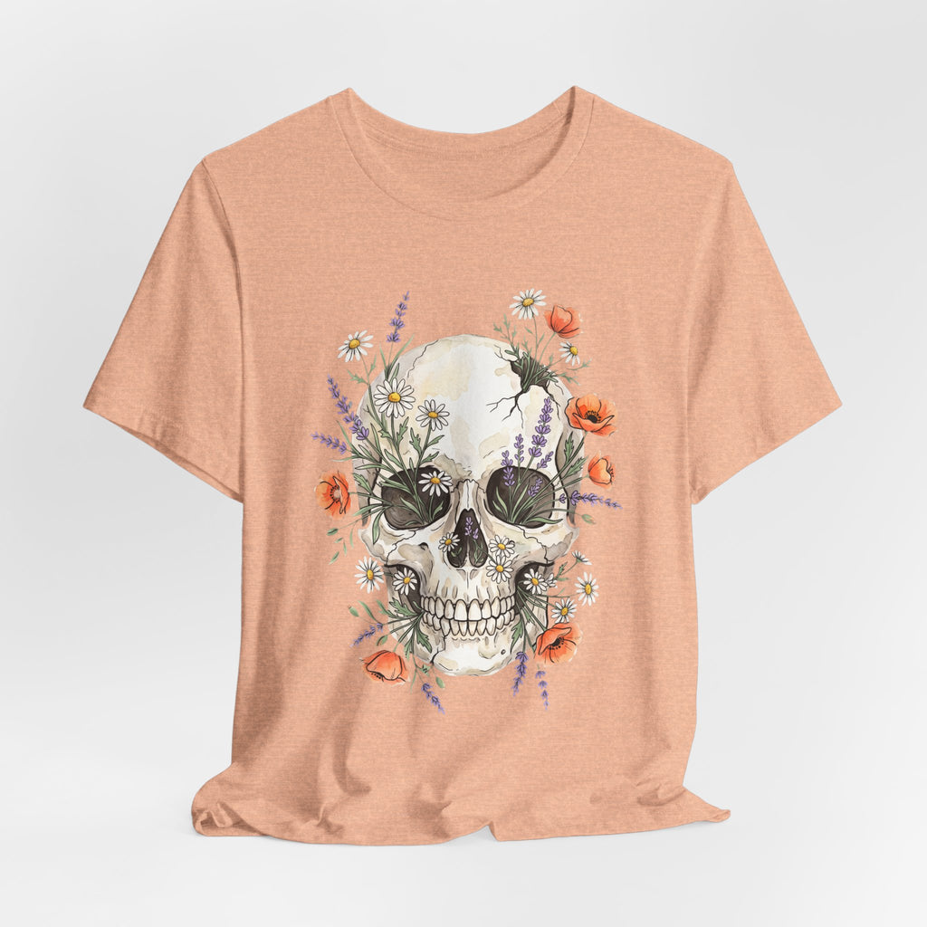 Heather peach floral skull T-shirt with poppies and wildflowers centered on the front