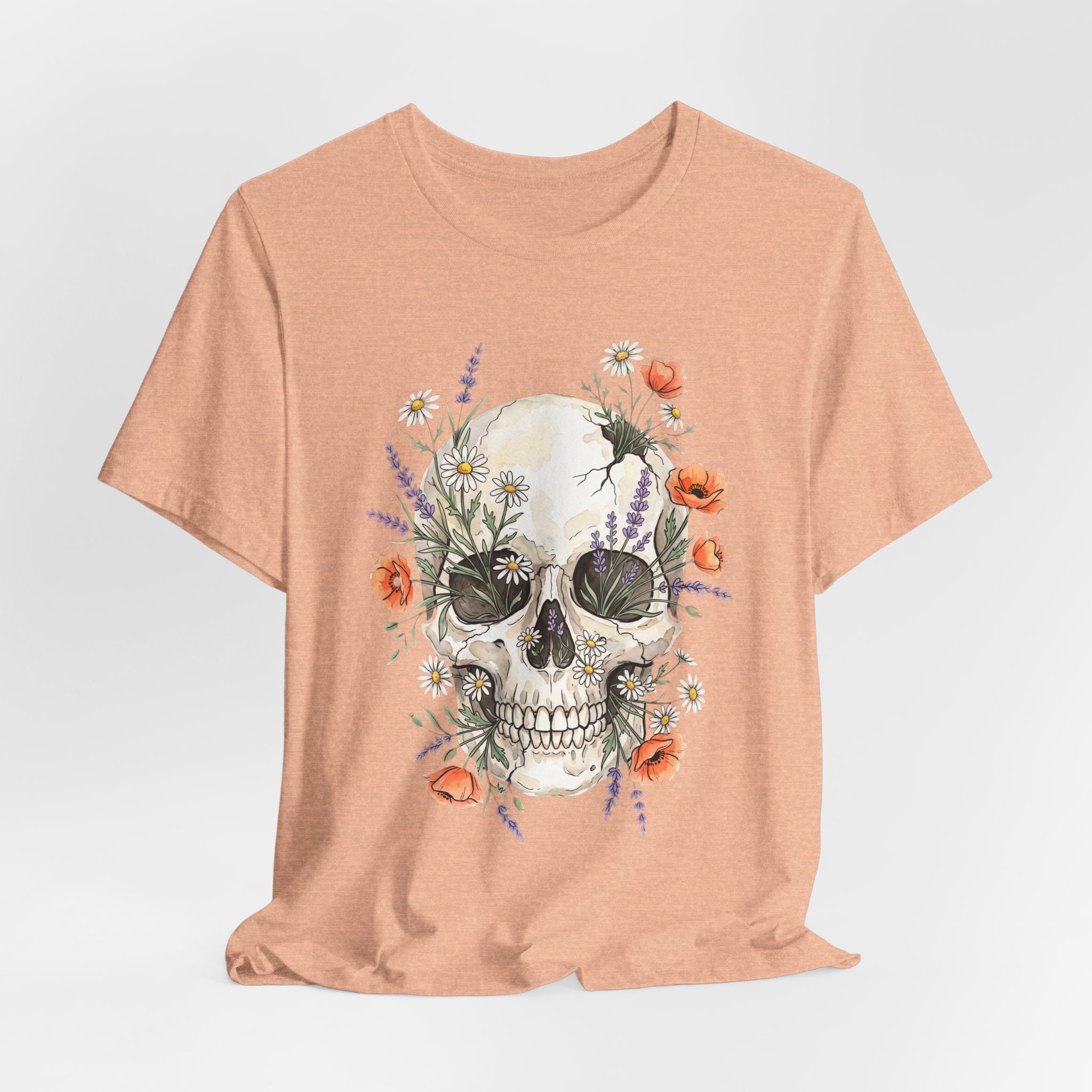 Heather peach floral skull T-shirt with poppies and wildflowers centered on the front