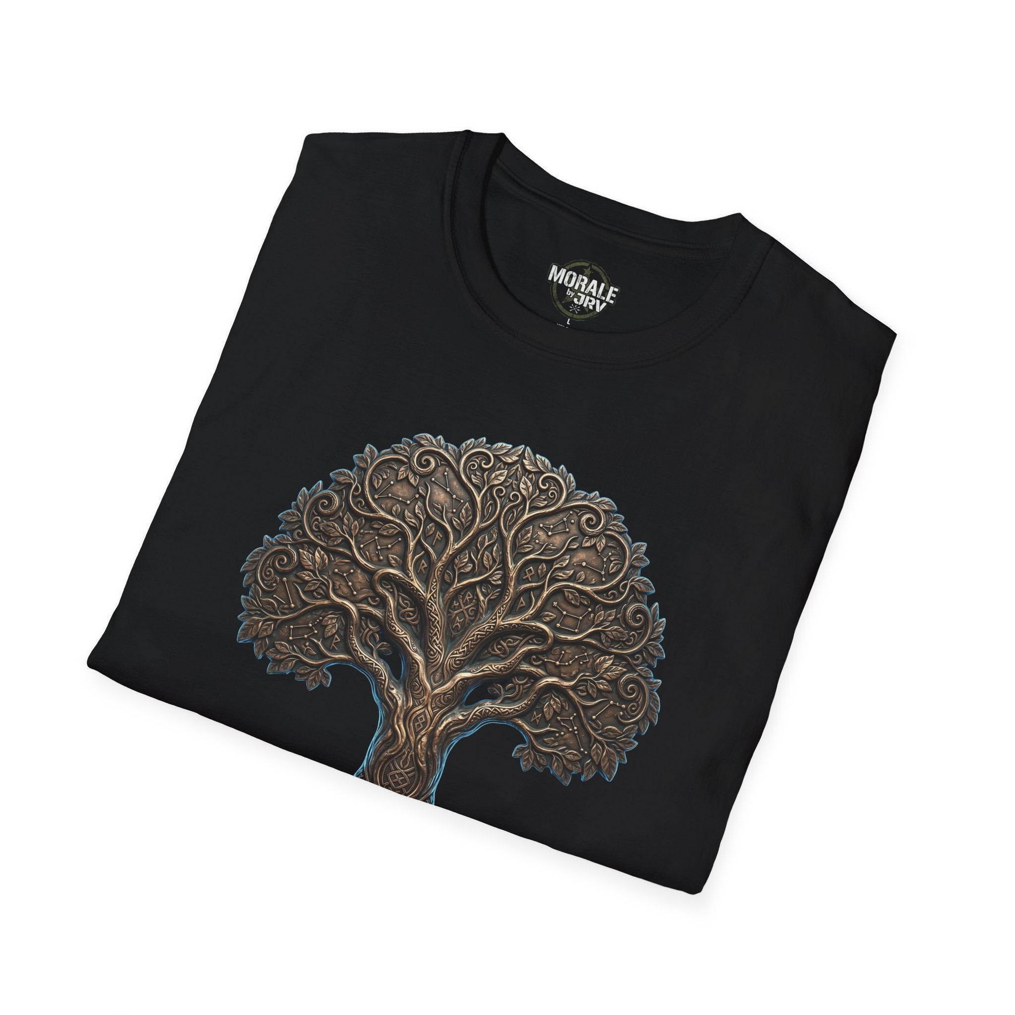 Black T-shirt with bronze Celtic Tree of Life knotwork graphic