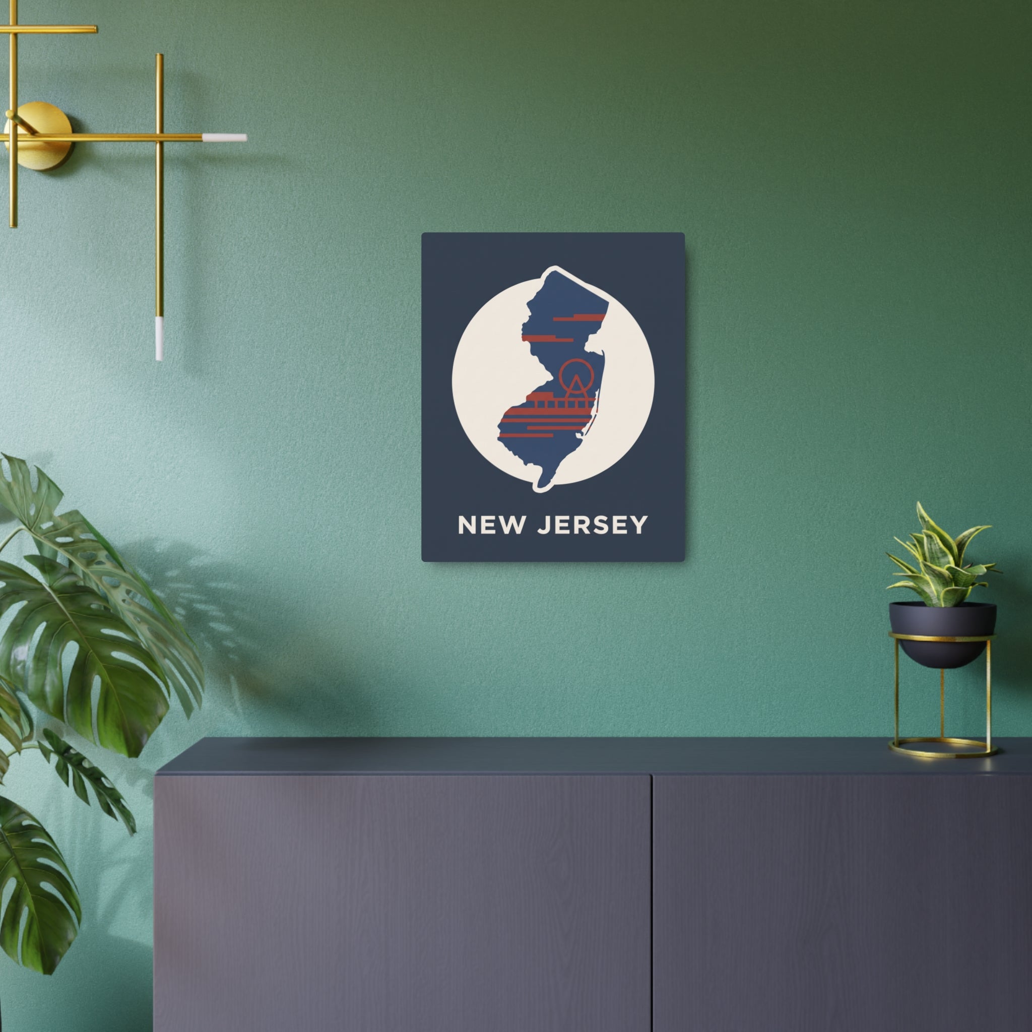 New Jersey state metal art sign with circular shoreline silhouette and NEW JERSEY text