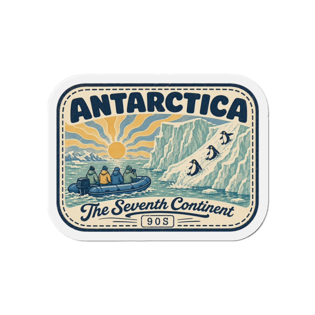 Die-cut Antarctica patch magnet with vintage Antarctic scene, “The Seventh Continent” and “90s” badge