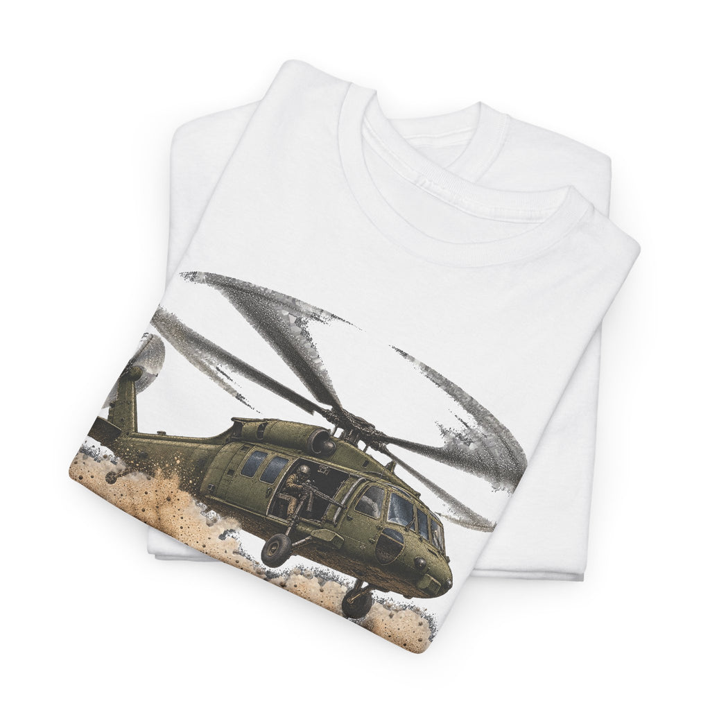 White t-shirt with helicopter graphic print on the front