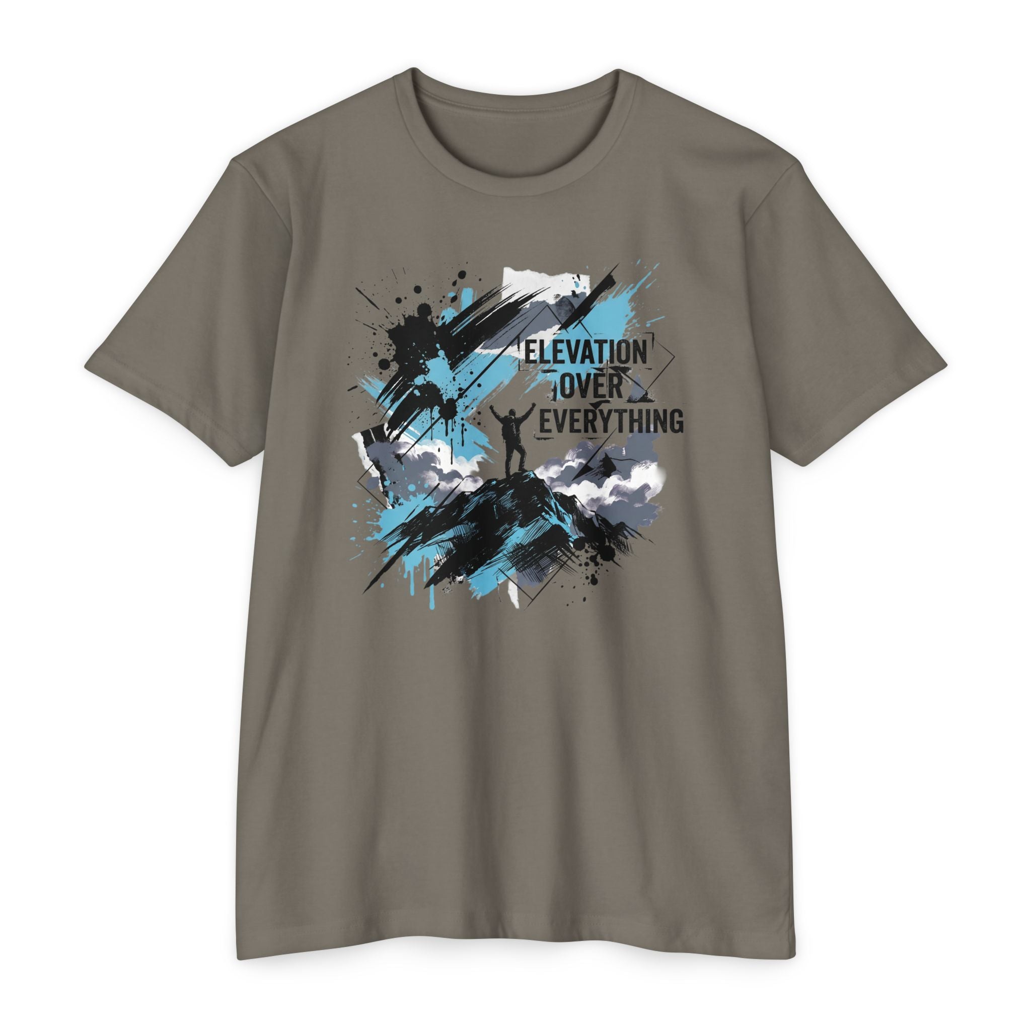 Taupe crewneck T-shirt with blue and white mountain graphic