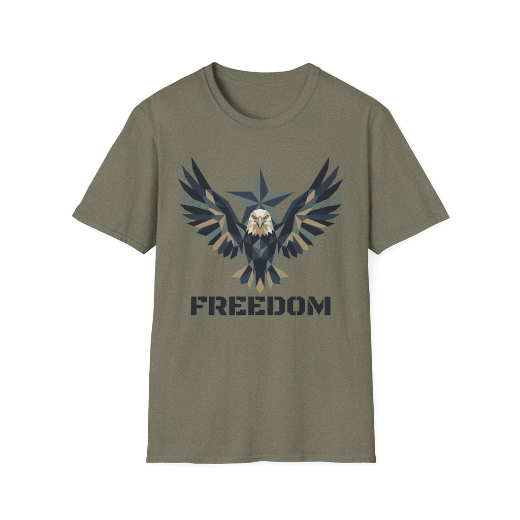 Olive green eagle camo graphic T-shirt with winged emblem and “FREEDOM” text