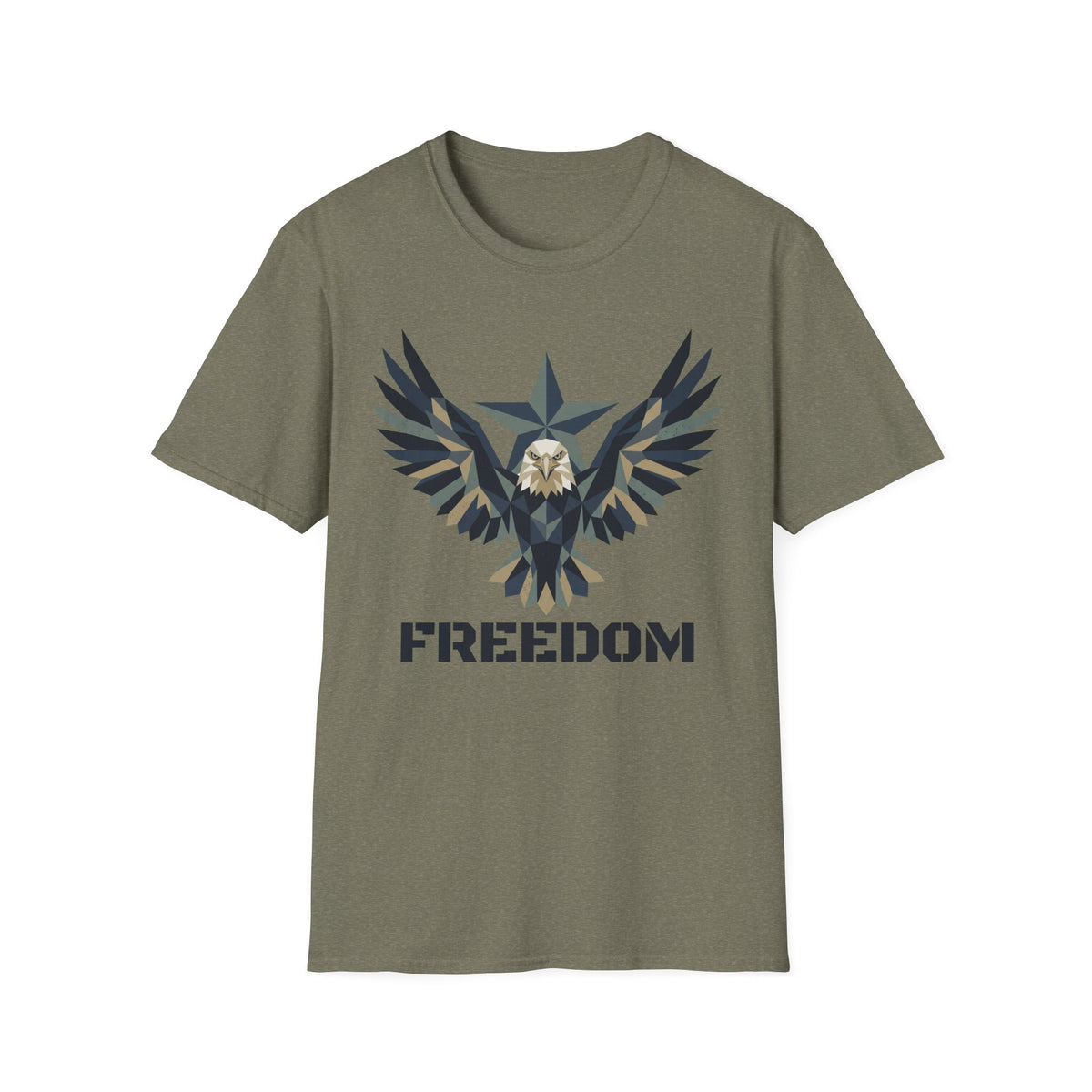 Olive green eagle camo graphic T-shirt with winged emblem and “FREEDOM” text